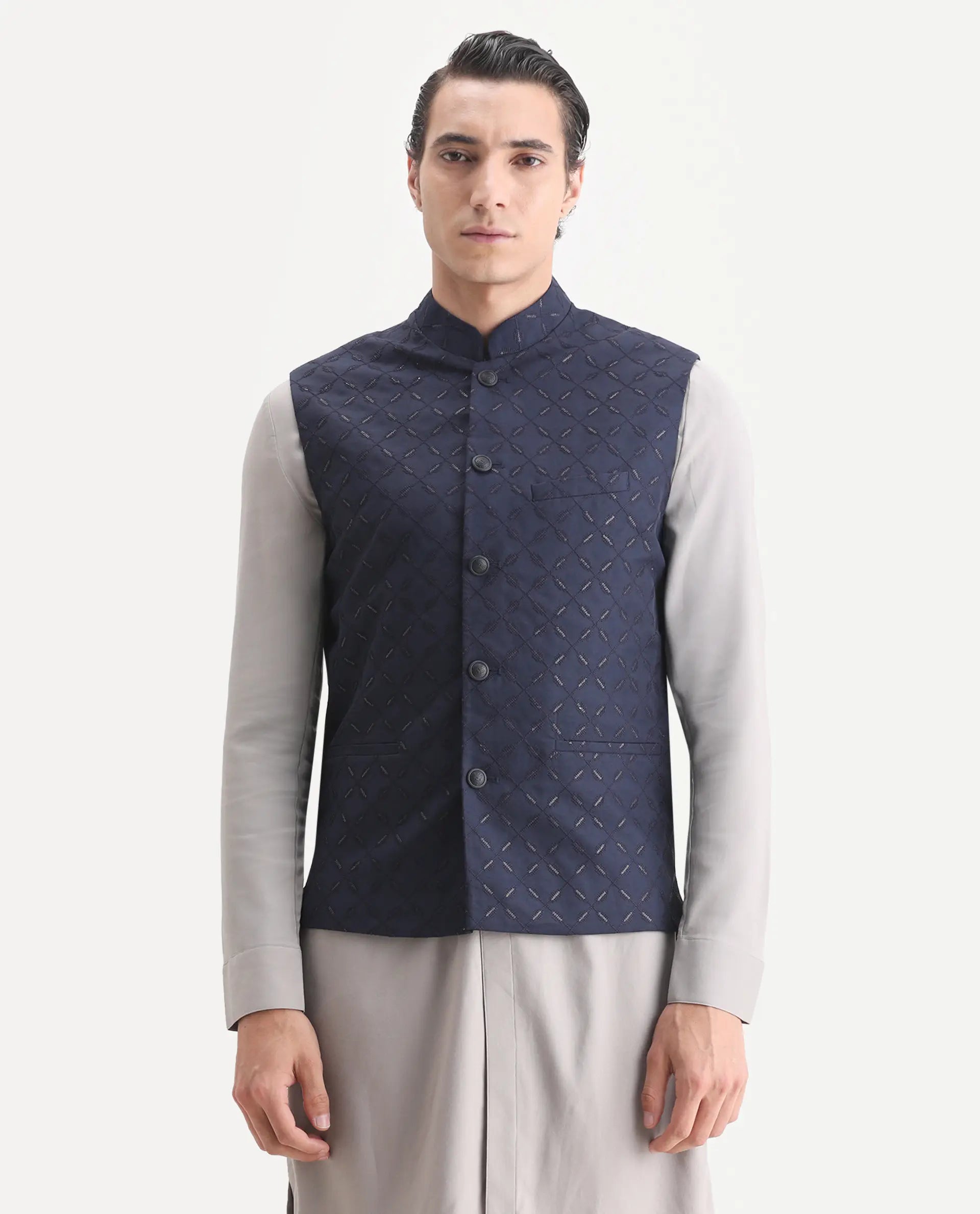 Rare Rabbit Men's Medo-B1 Dark Navy Viscose Embroidered Regular Fit Sleeveless Mandarin Collar Bandhgala