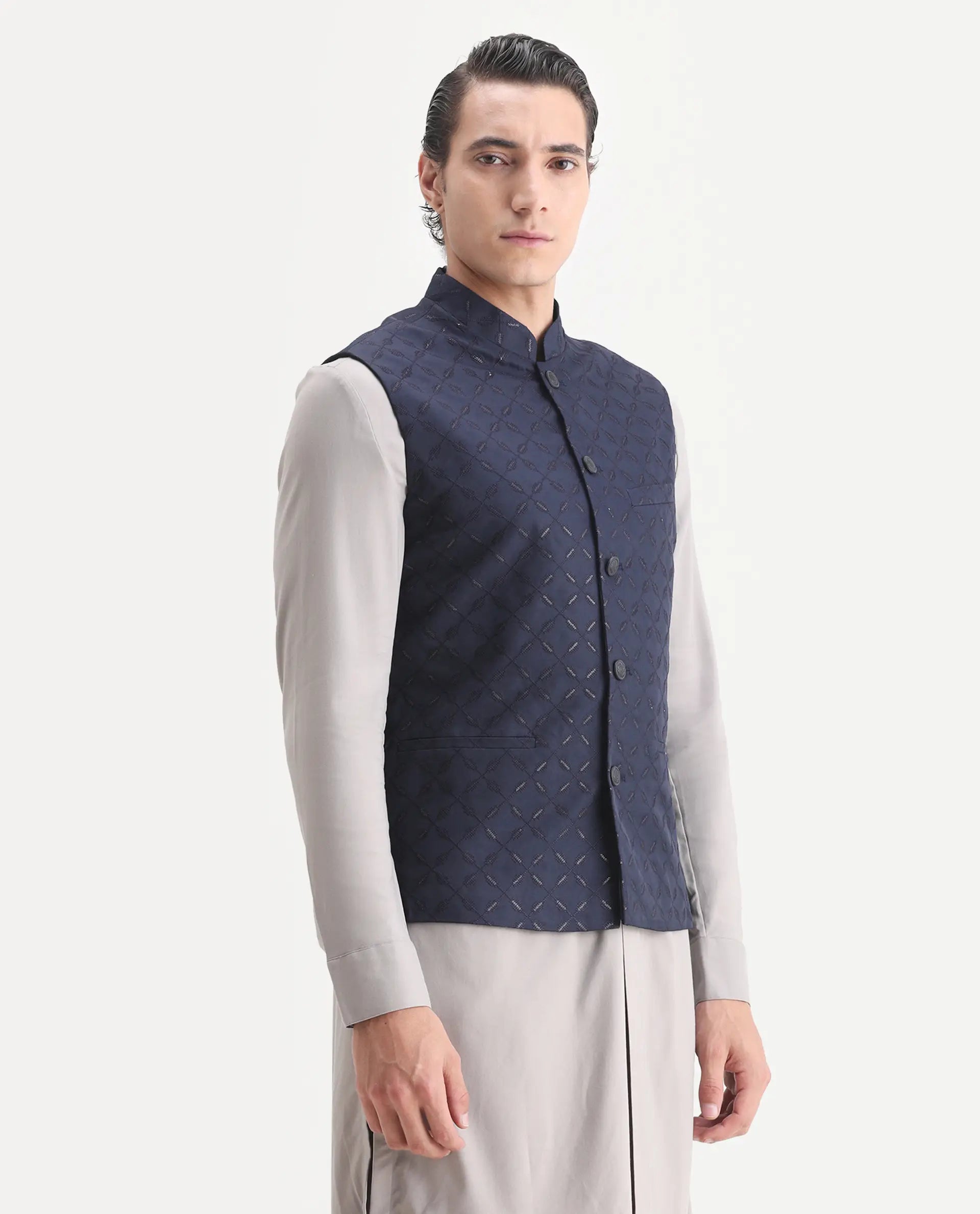 Rare Rabbit Men's Medo-B1 Dark Navy Viscose Embroidered Regular Fit Sleeveless Mandarin Collar Bandhgala