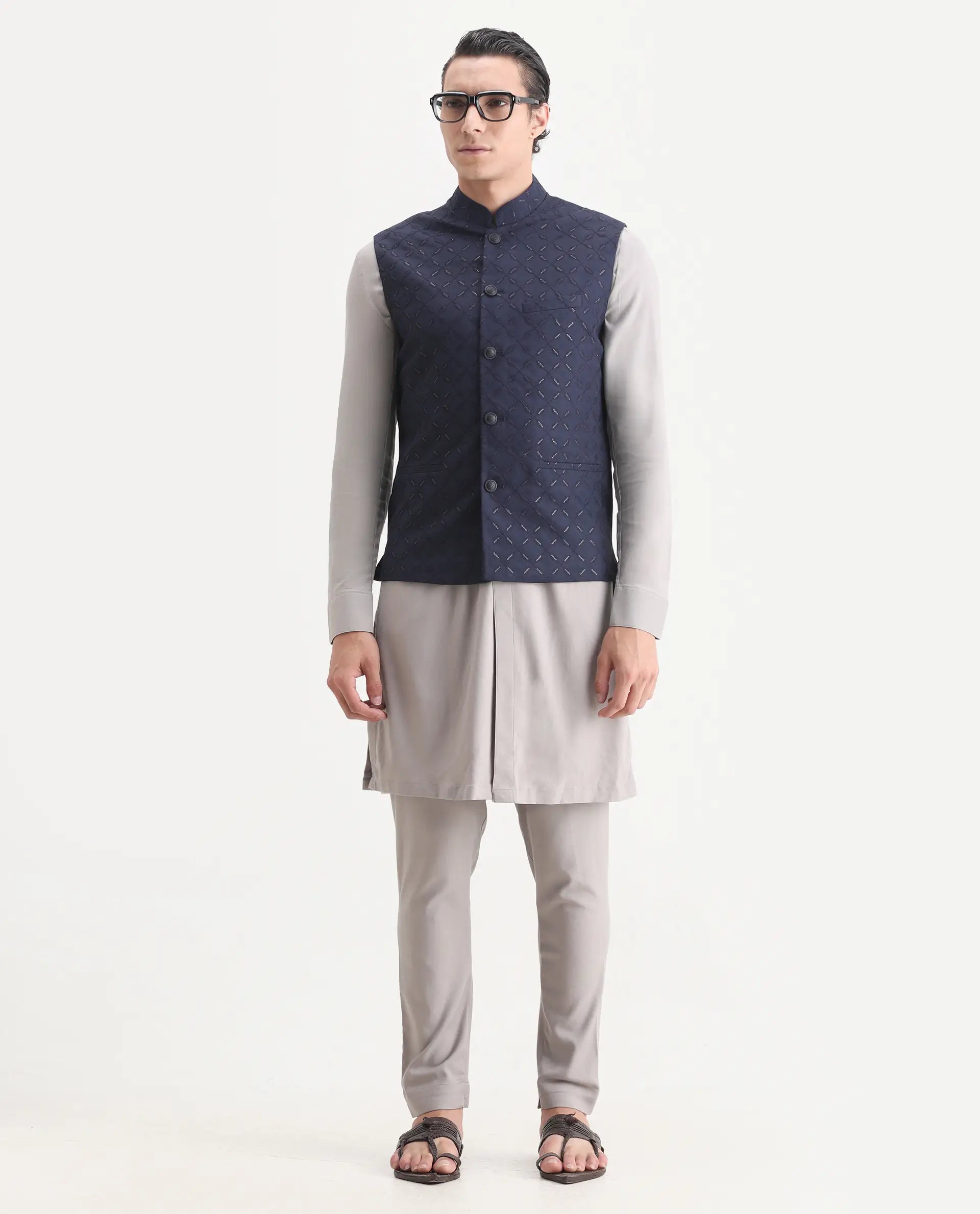 Rare Rabbit Men's Medo-B1 Dark Navy Viscose Embroidered Regular Fit Sleeveless Mandarin Collar Bandhgala