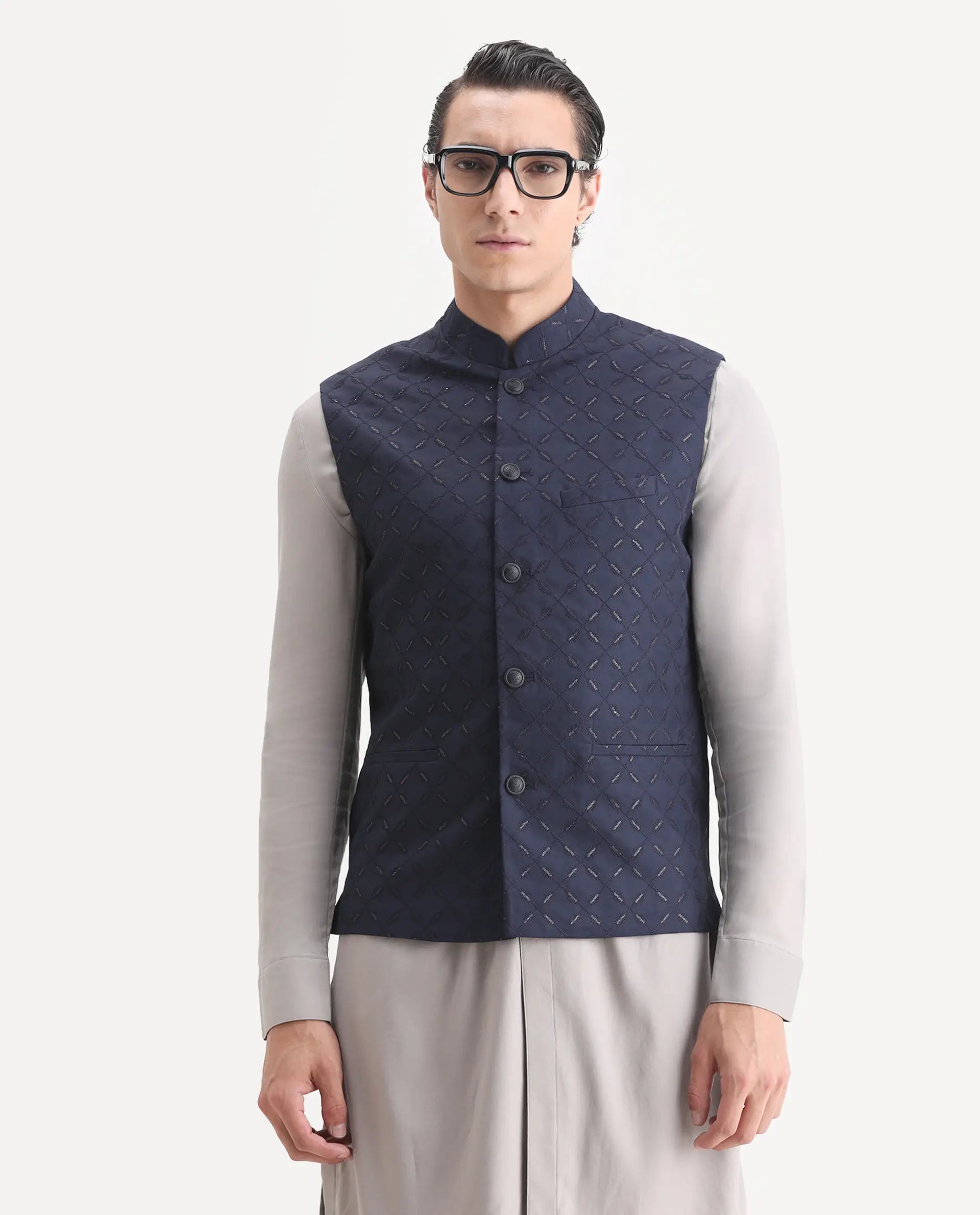 Rare Rabbit Men's Medo-B1 Dark Navy Viscose Embroidered Regular Fit Sleeveless Mandarin Collar Bandhgala