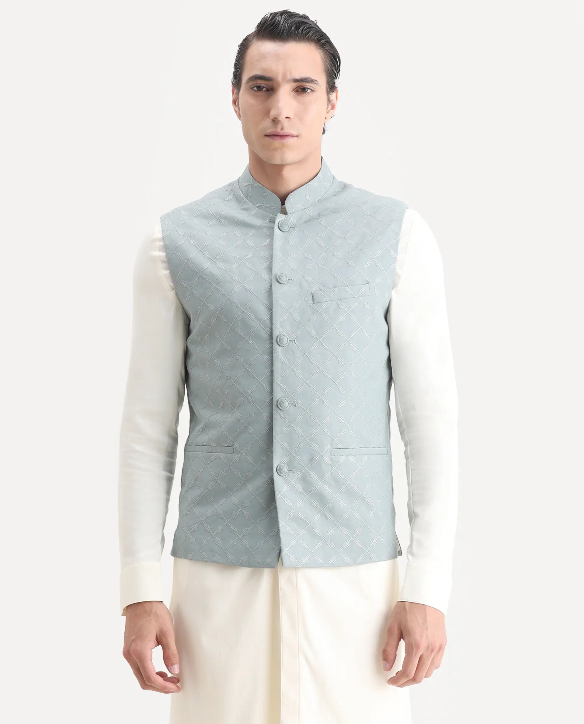 Rare Rabbit Men's Medo B1 Dusky Green Viscose Embroidered Regular Fit Sleeveless Mandarin Collar Bandhgala