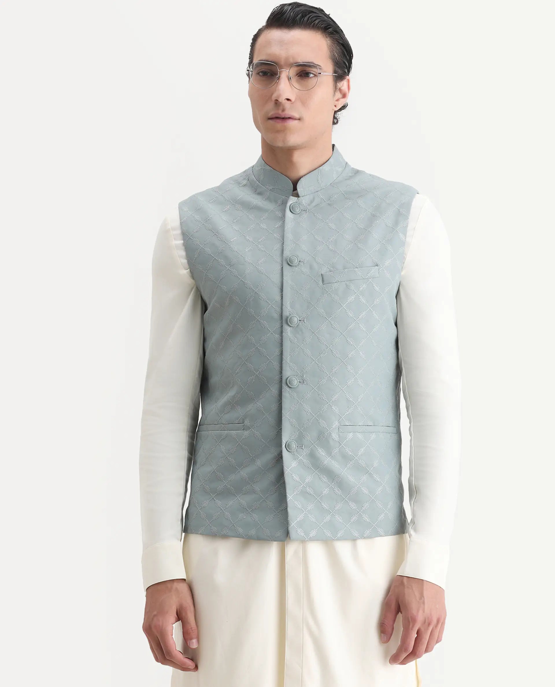 Rare Rabbit Men's Medo B1 Dusky Green Viscose Embroidered Regular Fit Sleeveless Mandarin Collar Bandhgala