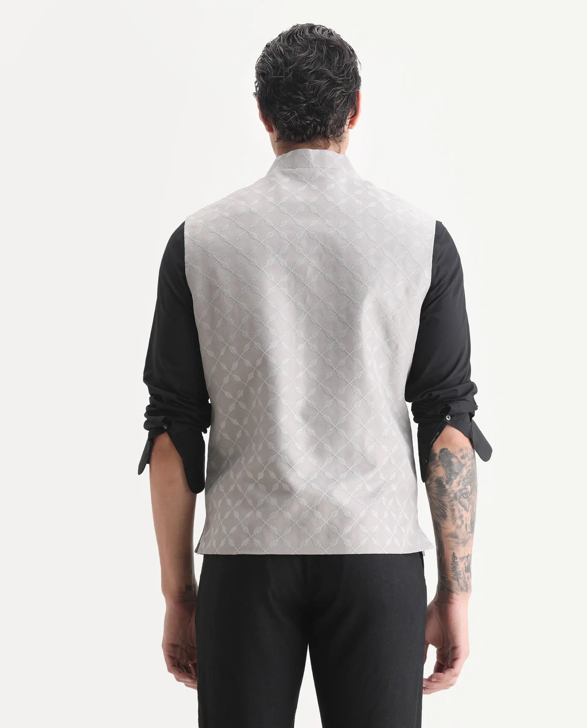 Rare Rabbit Men's Medo-B1 Grey Viscose Embroidered Regular Fit Sleeveless Mandarin Collar Bandhgala