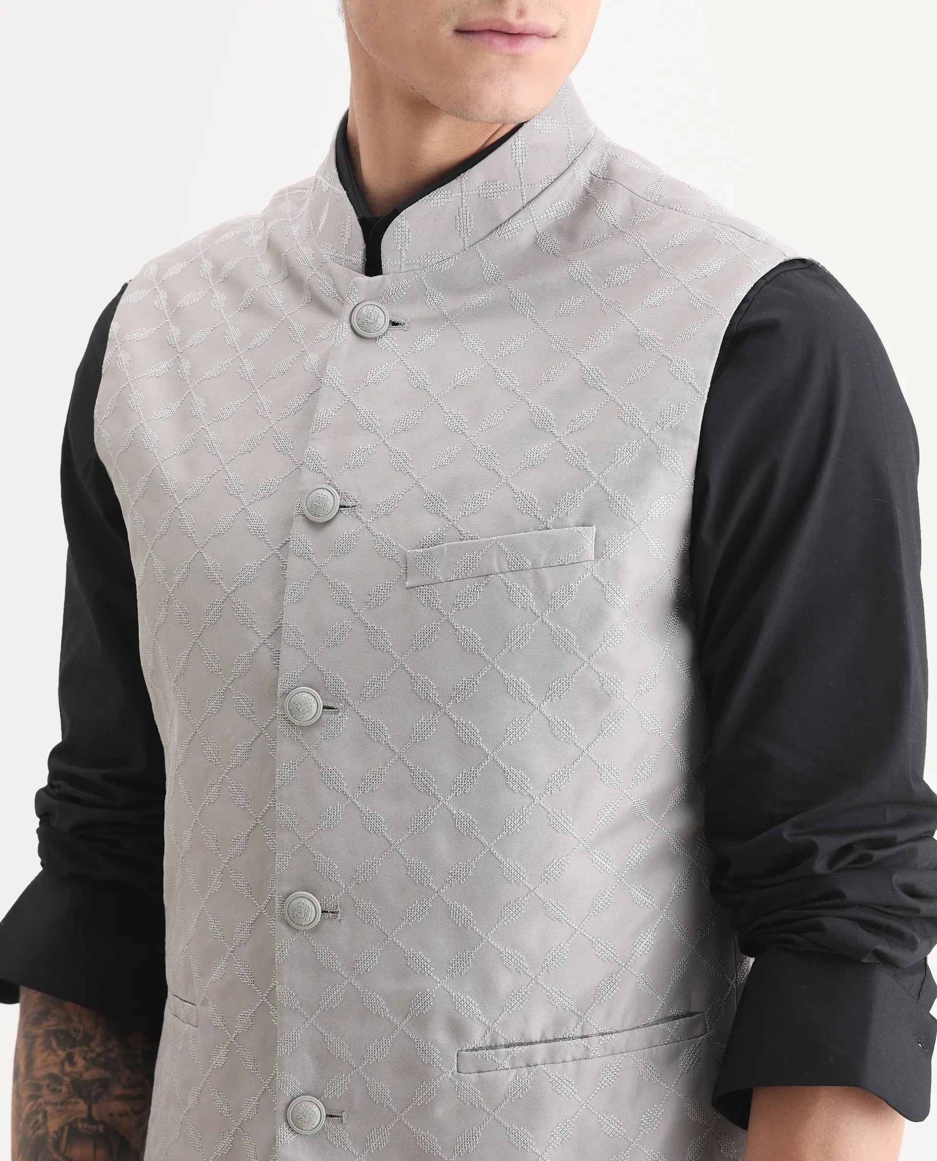 Rare Rabbit Men's Medo-B1 Grey Viscose Embroidered Regular Fit Sleeveless Mandarin Collar Bandhgala