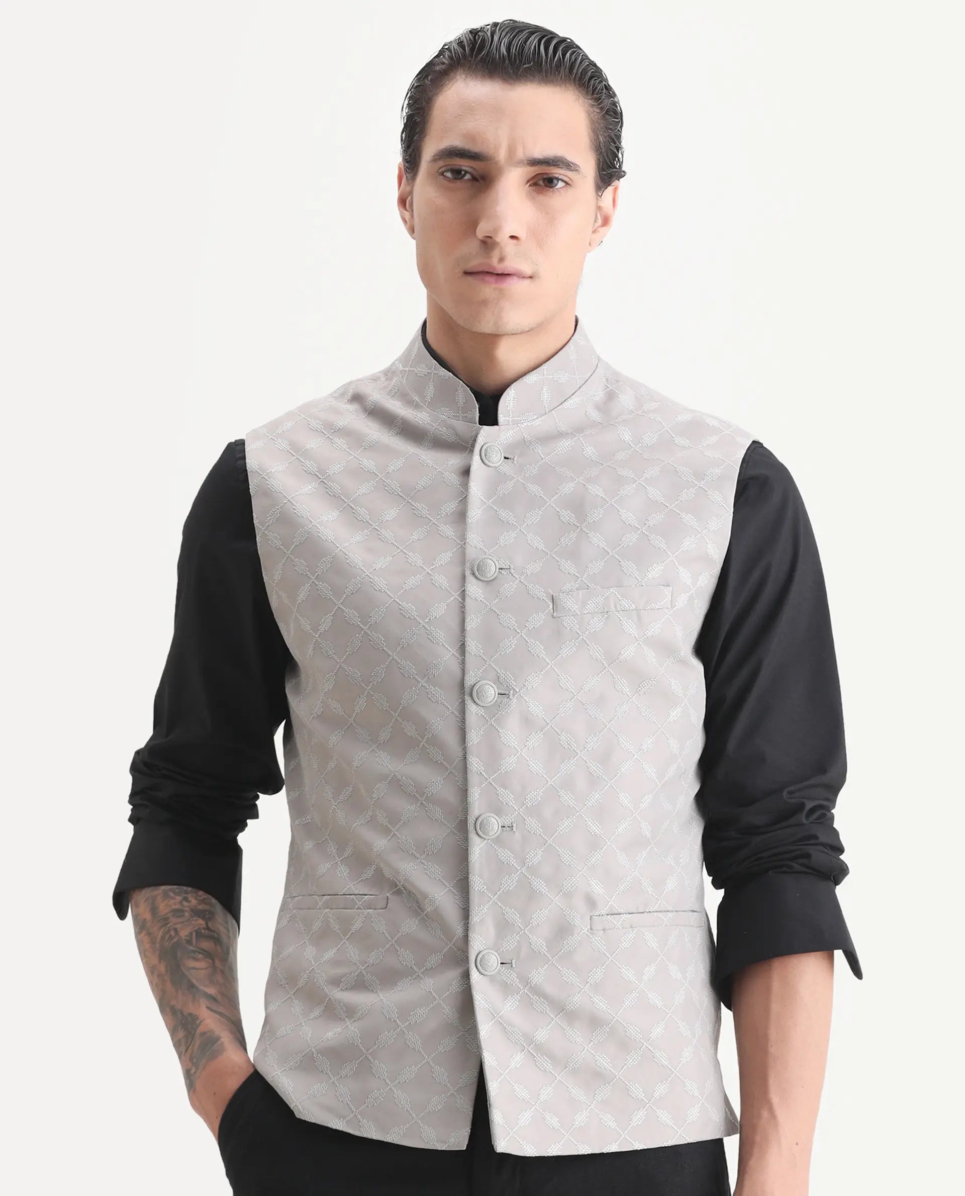 Rare Rabbit Men's Medo-B1 Grey Viscose Embroidered Regular Fit Sleeveless Mandarin Collar Bandhgala