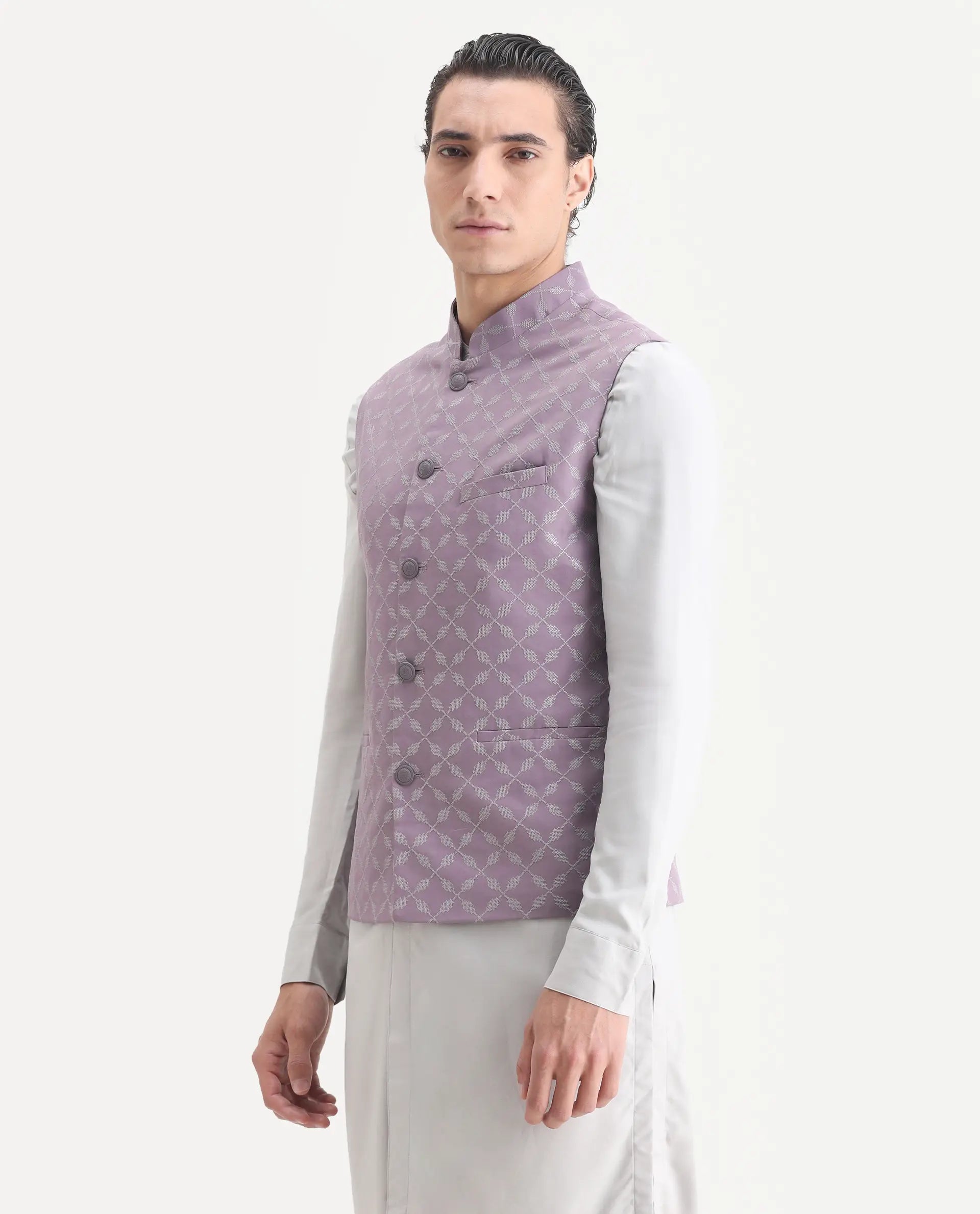 Rare Rabbit Men's Medob Pastel Purple Viscose Embroidered Tailored Fit Sleeveless Mandarin Collar Bandhgala