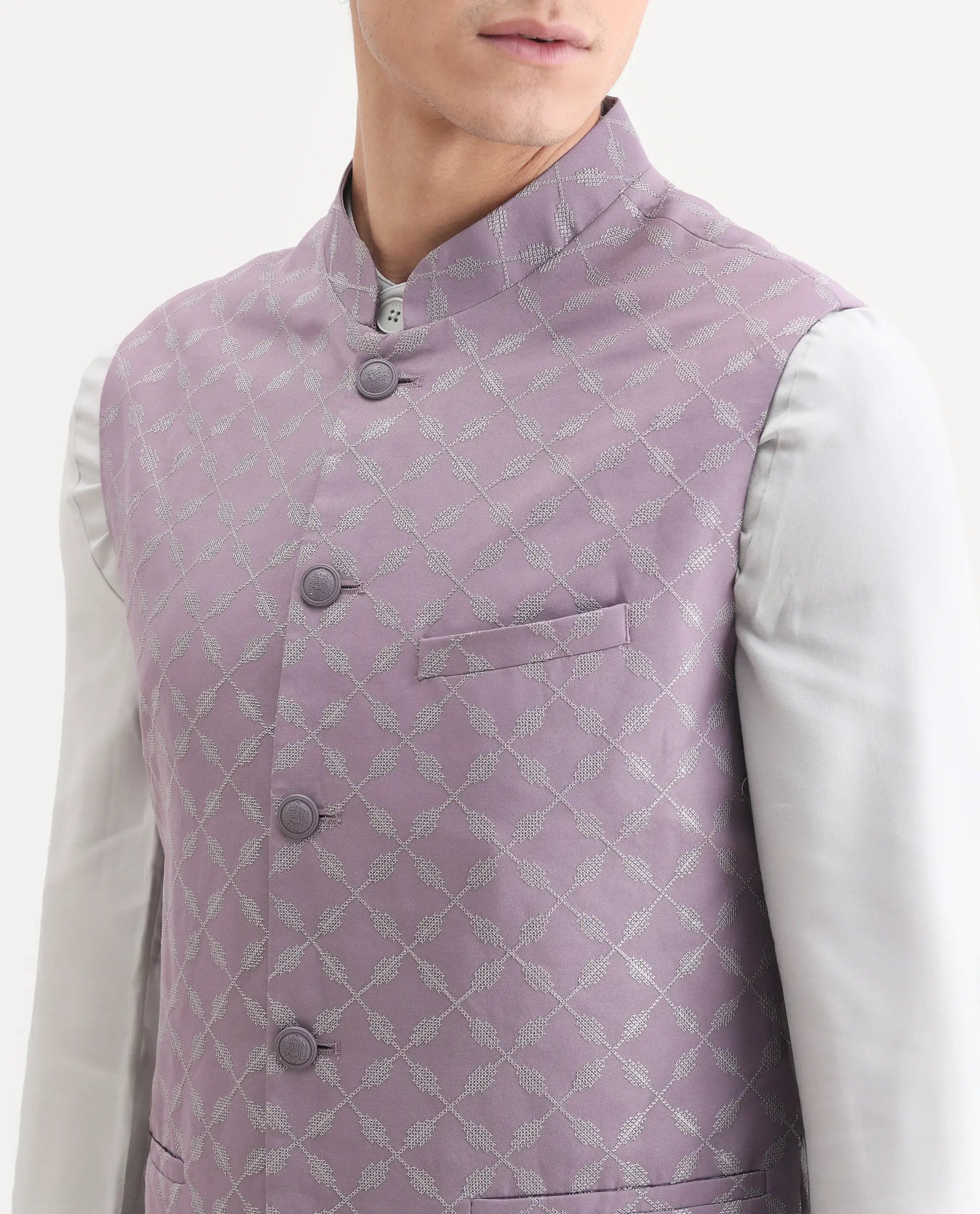 Rare Rabbit Men's Medob Pastel Purple Viscose Embroidered Tailored Fit Sleeveless Mandarin Collar Bandhgala