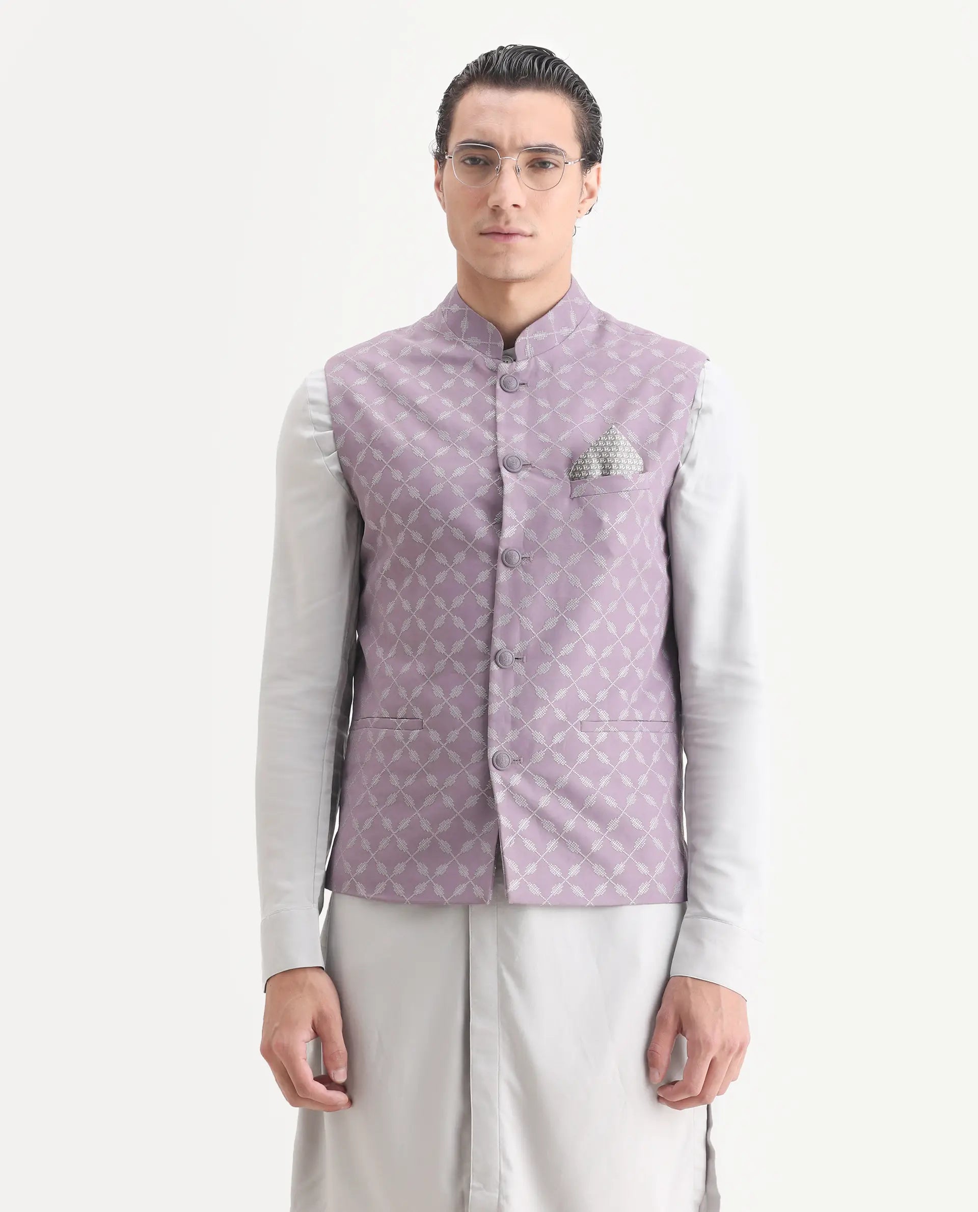 Rare Rabbit Men's Medob Pastel Purple Viscose Embroidered Tailored Fit Sleeveless Mandarin Collar Bandhgala