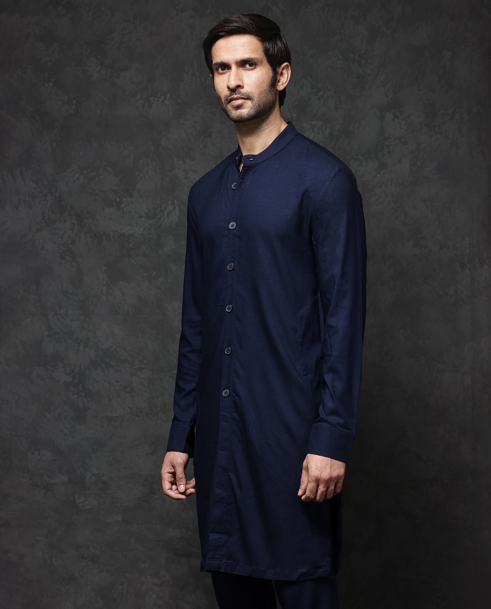 Rare Rabbit Men's Medo-K1 Dark Navy Poly Viscose Fabric Full Sleeve Mandarin Collar Solid Regular Fit Kurta