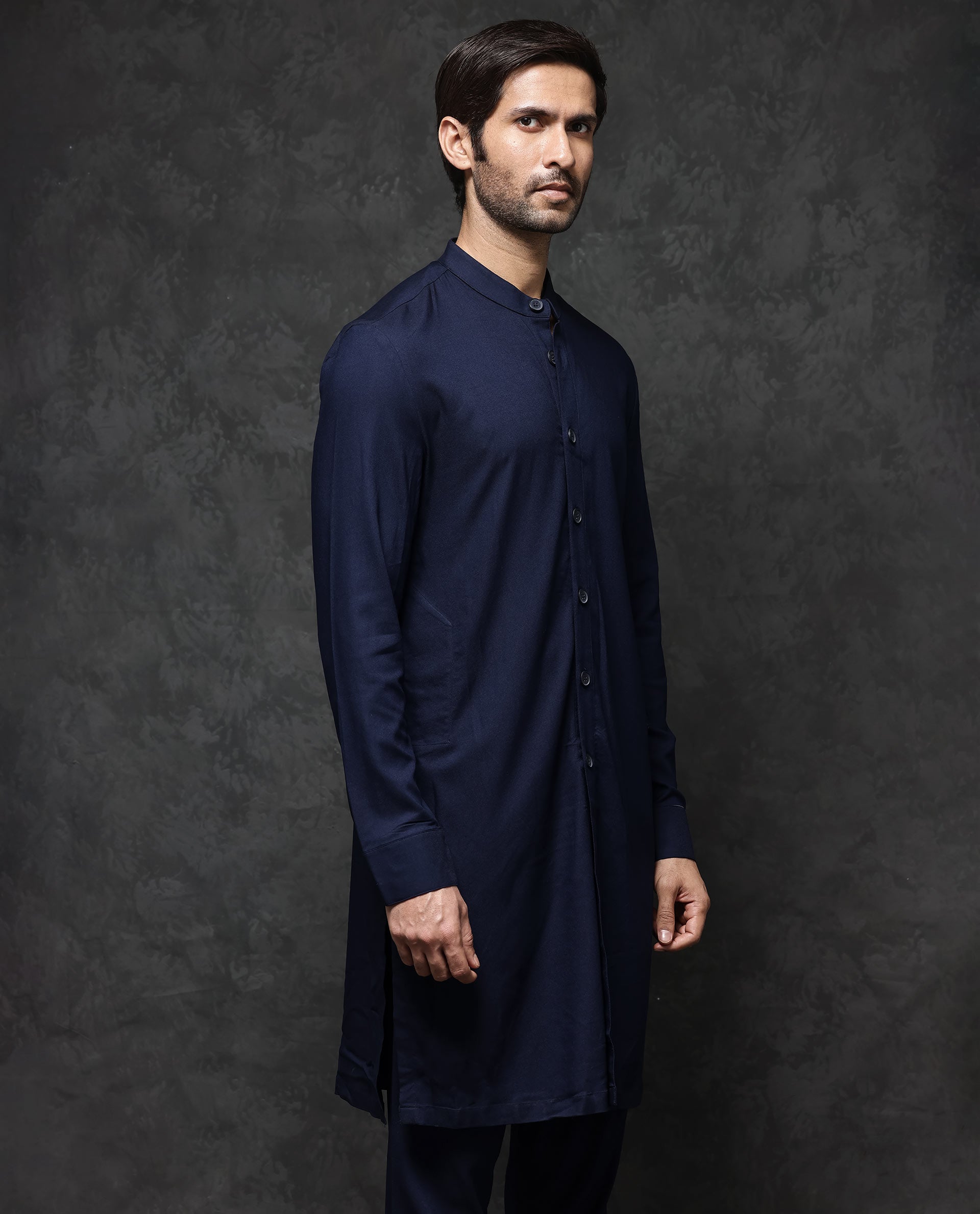 Rare Rabbit Men's Medo-K1 Dark Navy Poly Viscose Fabric Full Sleeve Mandarin Collar Solid Regular Fit Kurta
