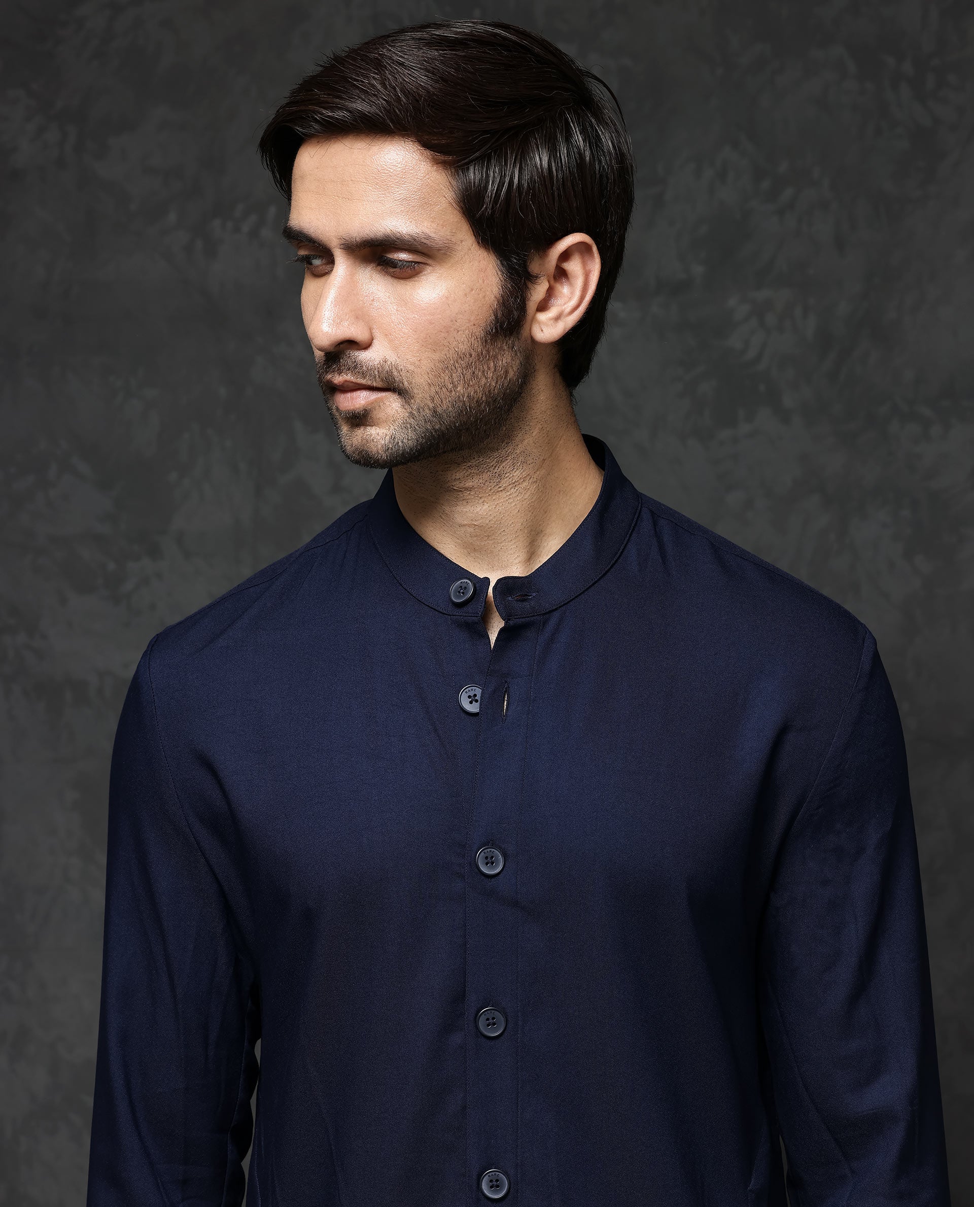 Rare Rabbit Men's Medo-K1 Dark Navy Poly Viscose Fabric Full Sleeve Mandarin Collar Solid Regular Fit Kurta