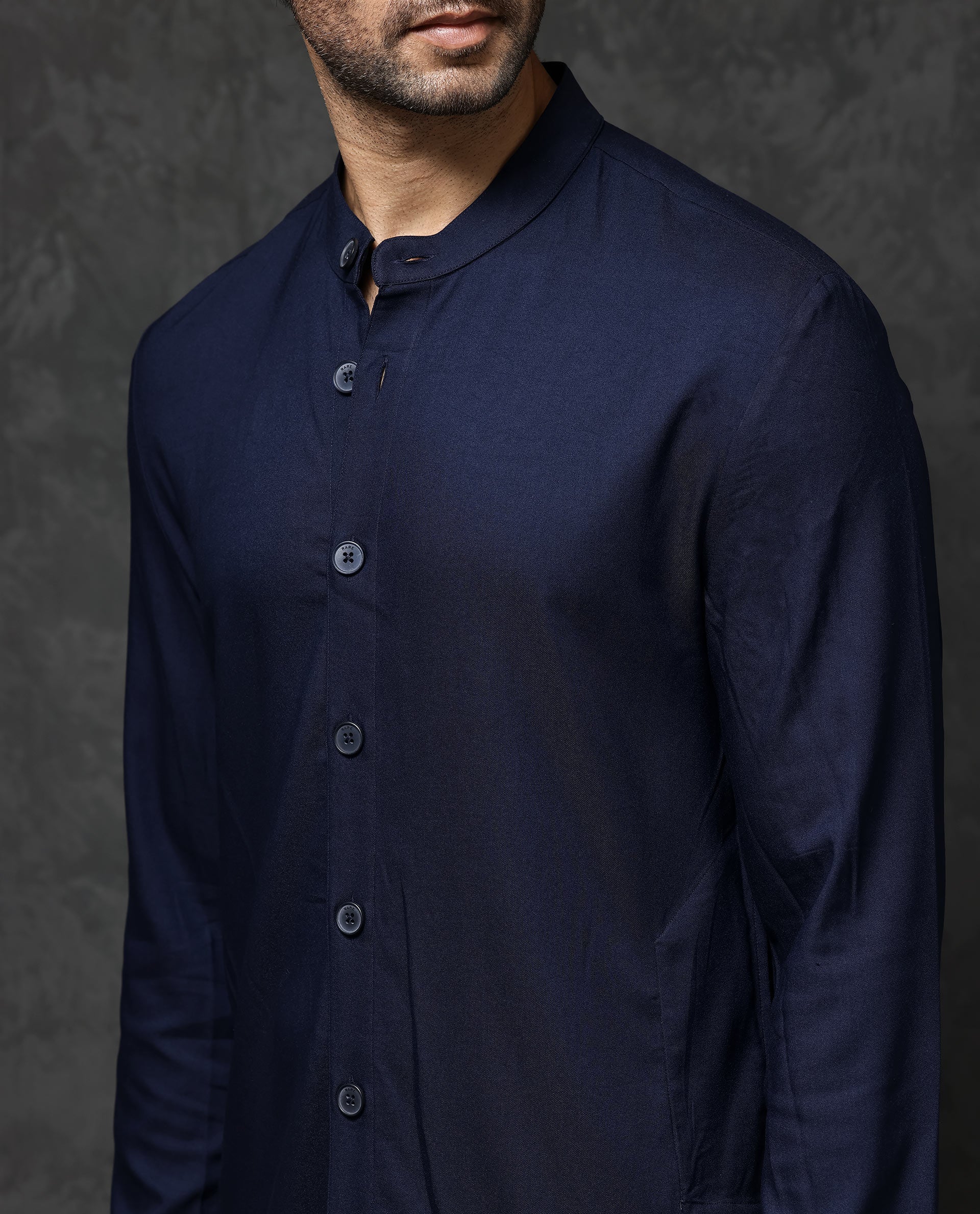 Rare Rabbit Men's Medo-K1 Dark Navy Poly Viscose Fabric Full Sleeve Mandarin Collar Solid Regular Fit Kurta