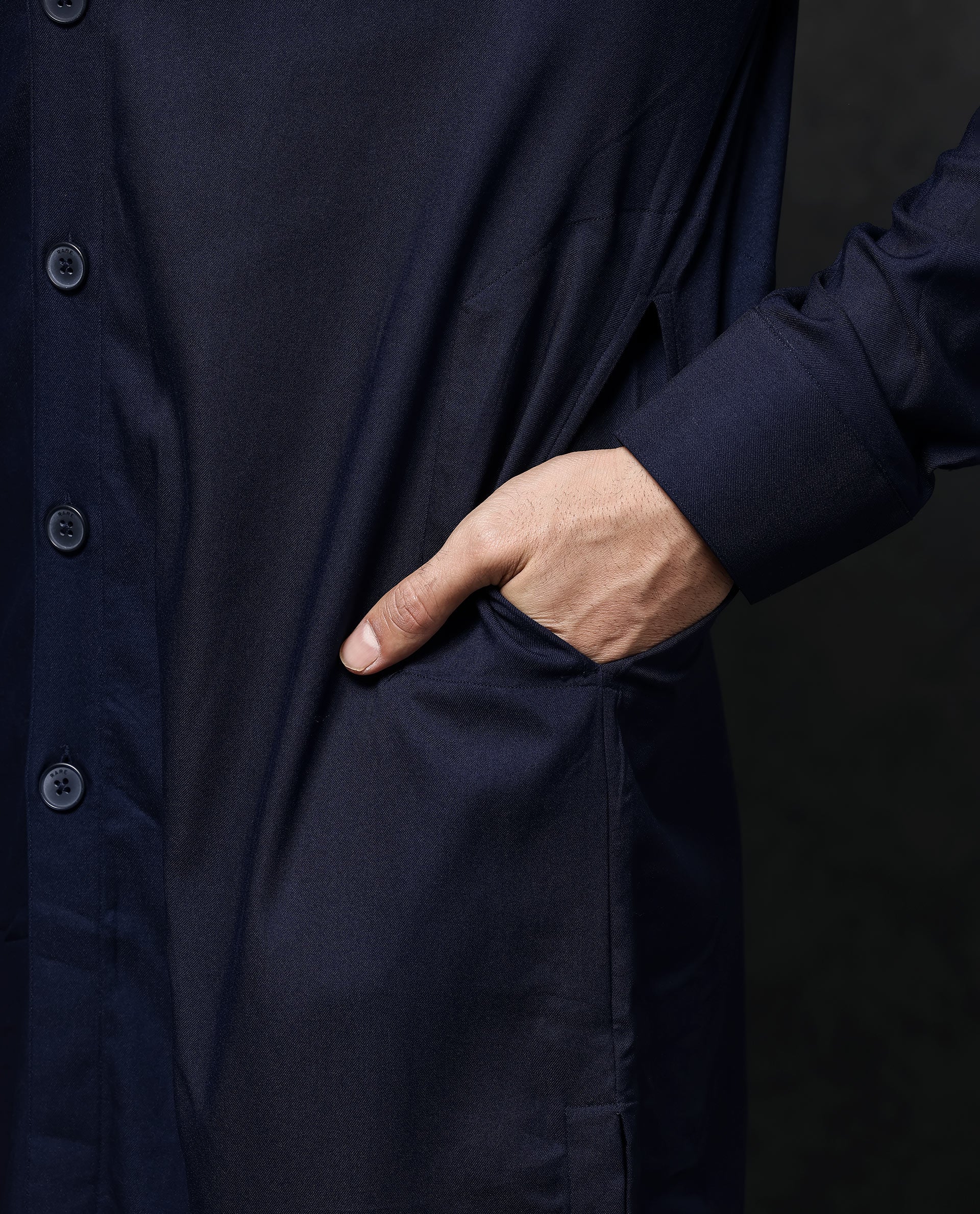 Rare Rabbit Men's Medo-K1 Dark Navy Poly Viscose Fabric Full Sleeve Mandarin Collar Solid Regular Fit Kurta