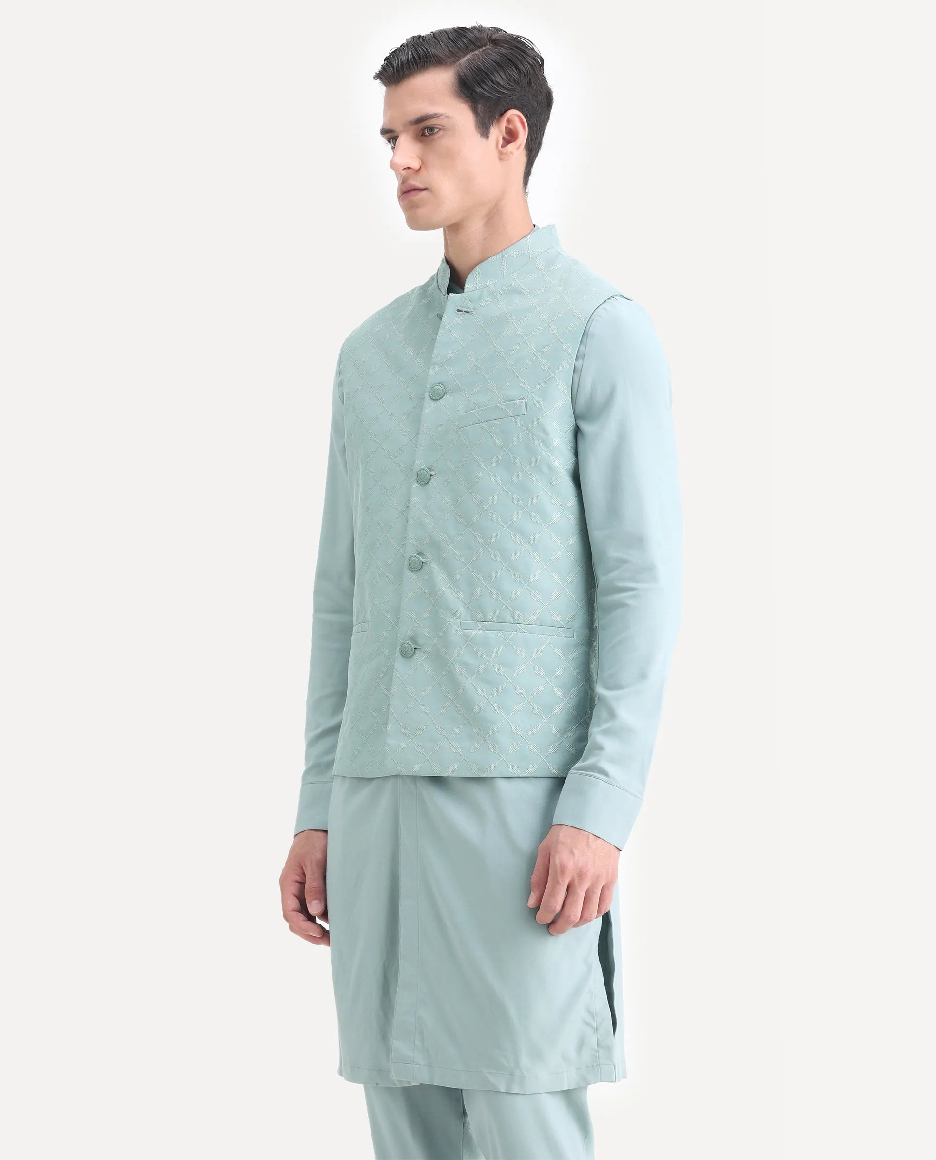 Rare Rabbit Men's Medo Kpb Dusky Green Viscose Embroidered Regular Fit Full Sleeve Mandarin Collar Kurta Suit