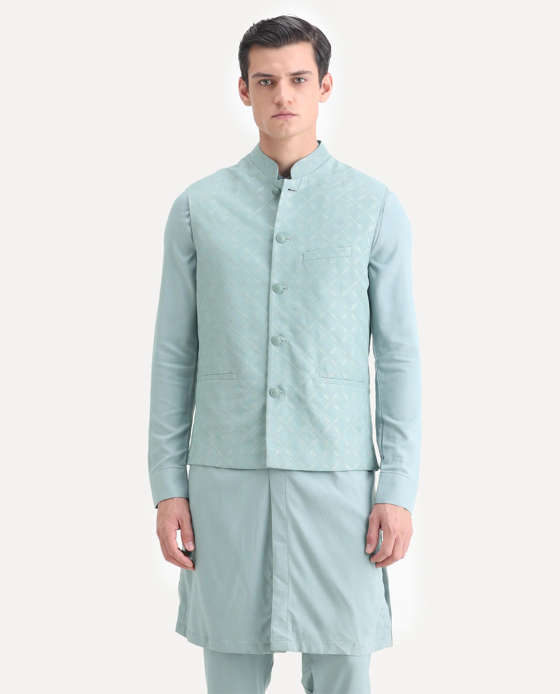 Rare Rabbit Men's Medo Kpb Dusky Green Viscose Embroidered Regular Fit Full Sleeve Mandarin Collar Kurta Suit