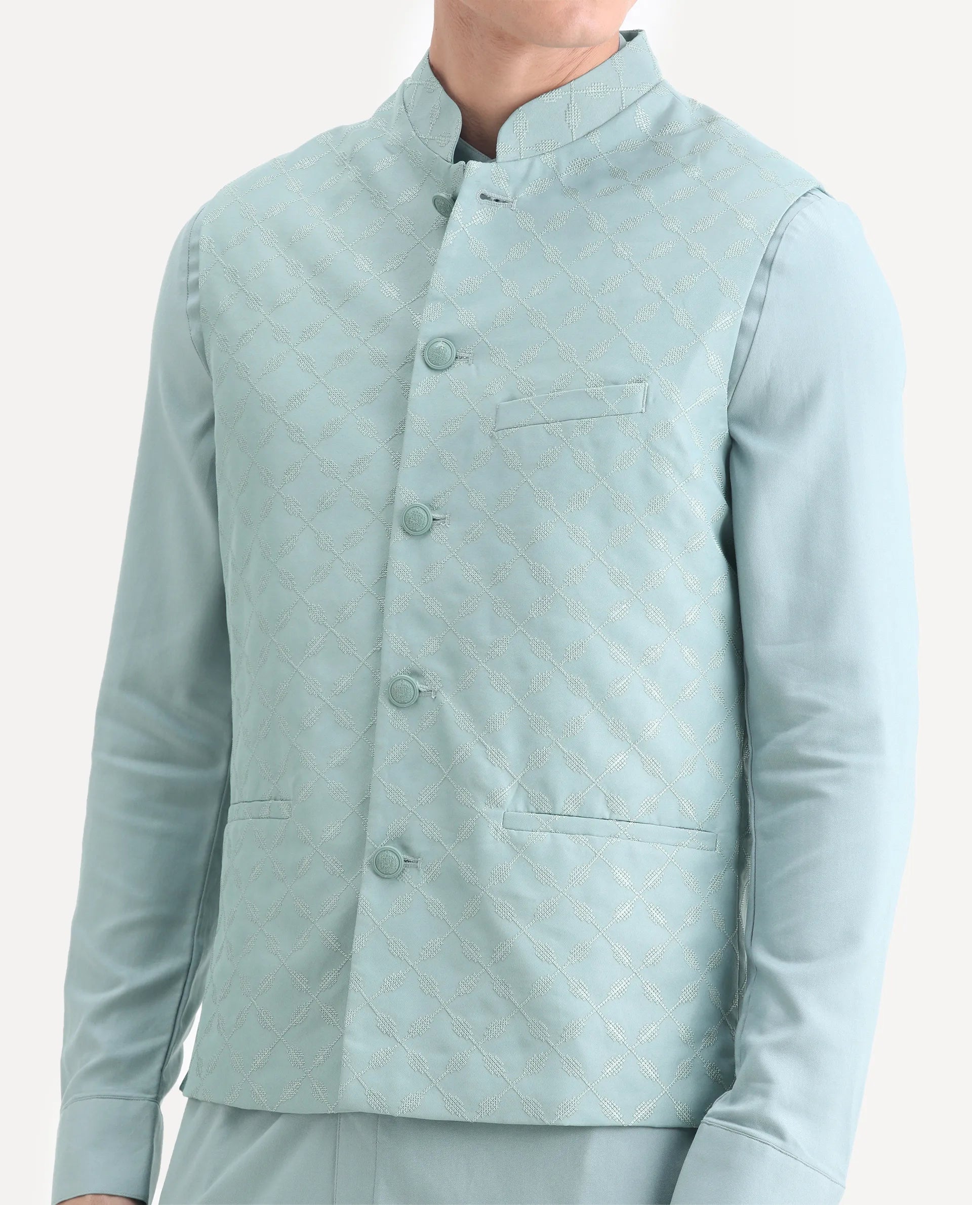 Rare Rabbit Men's Medo Kpb Dusky Green Viscose Embroidered Regular Fit Full Sleeve Mandarin Collar Kurta Suit