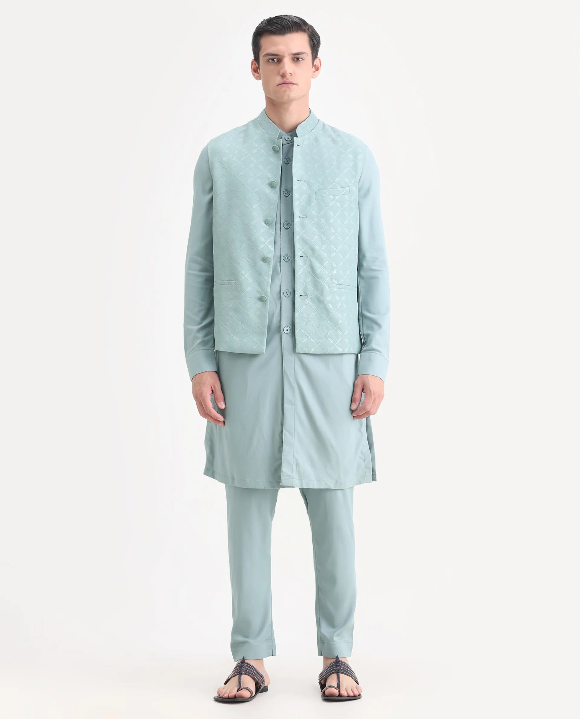 Rare Rabbit Men's Medo Kpb Dusky Green Viscose Embroidered Regular Fit Full Sleeve Mandarin Collar Kurta Suit