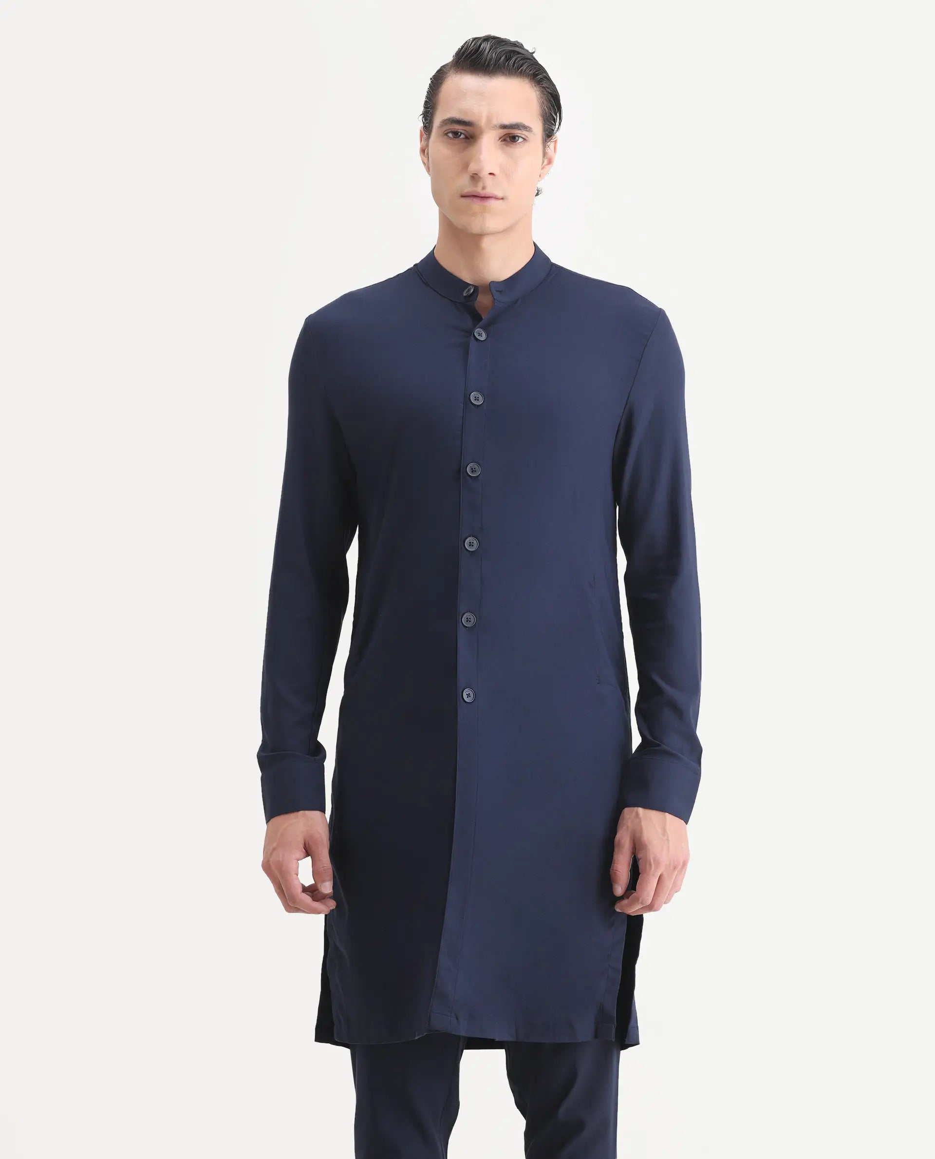 Rare Rabbit Men's Medok Dark Navy Plain Regular Fit Full Sleeve Mandarin Collar Kurta