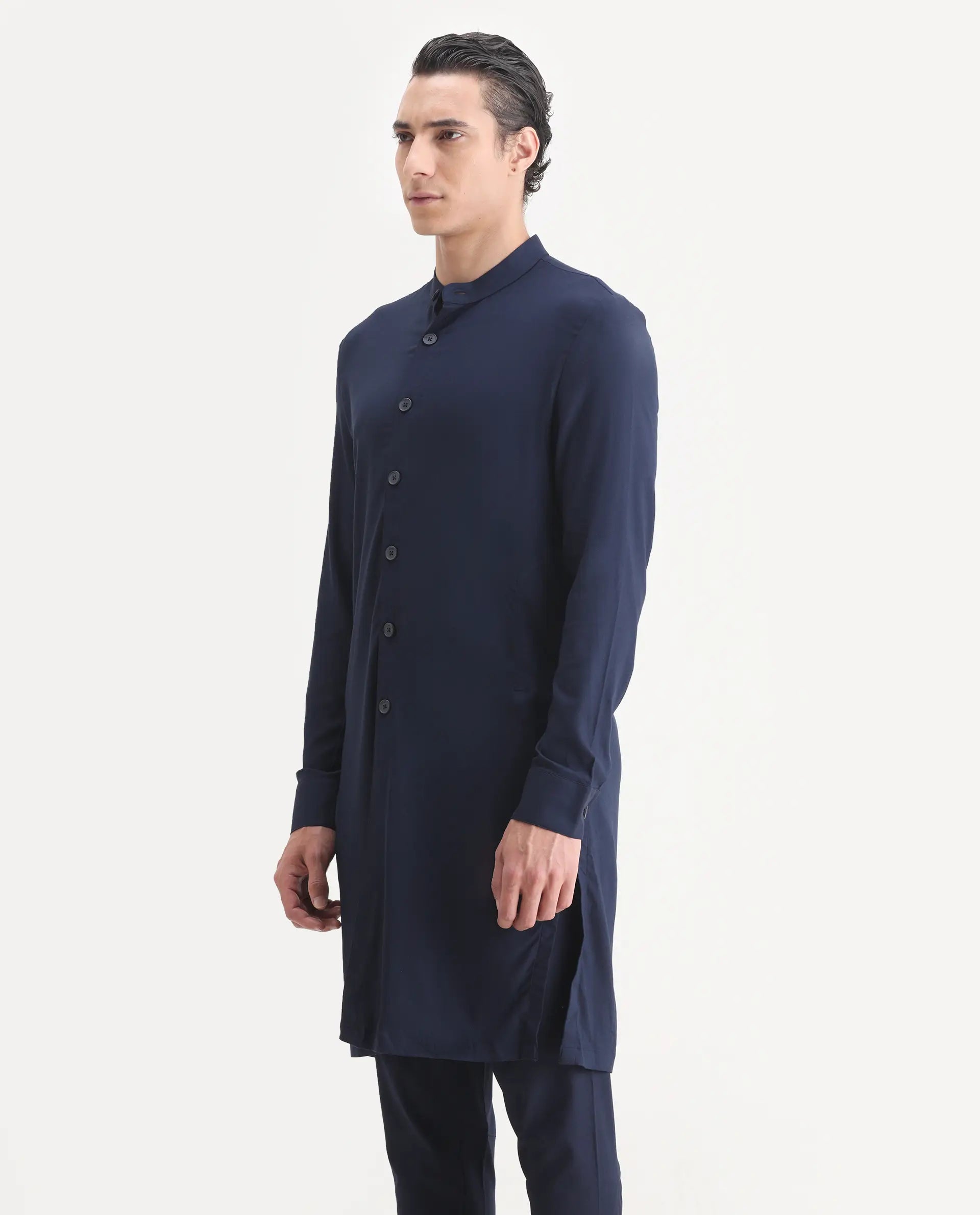 Rare Rabbit Men's Medok Dark Navy Plain Regular Fit Full Sleeve Mandarin Collar Kurta