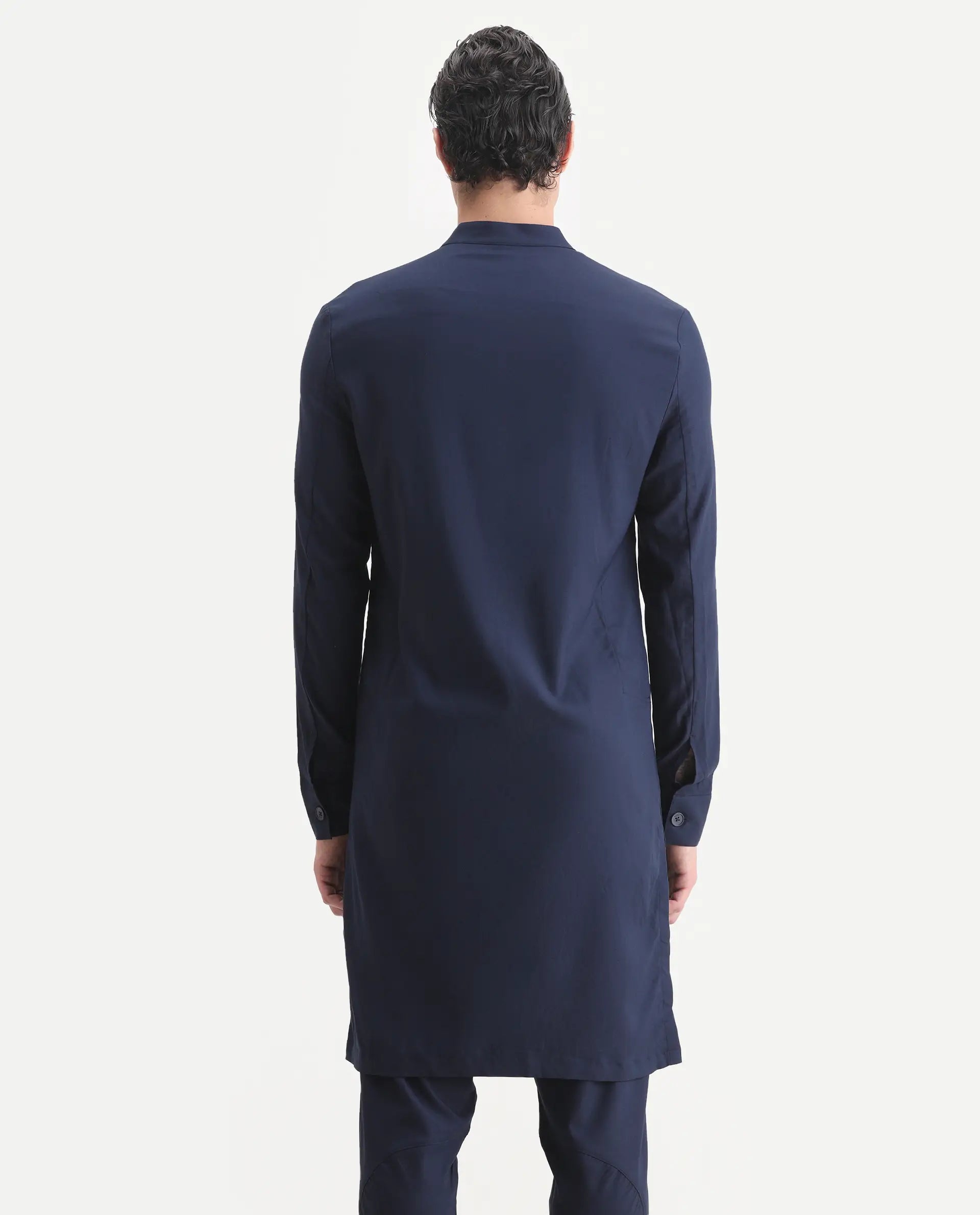 Rare Rabbit Men's Medok Dark Navy Plain Regular Fit Full Sleeve Mandarin Collar Kurta