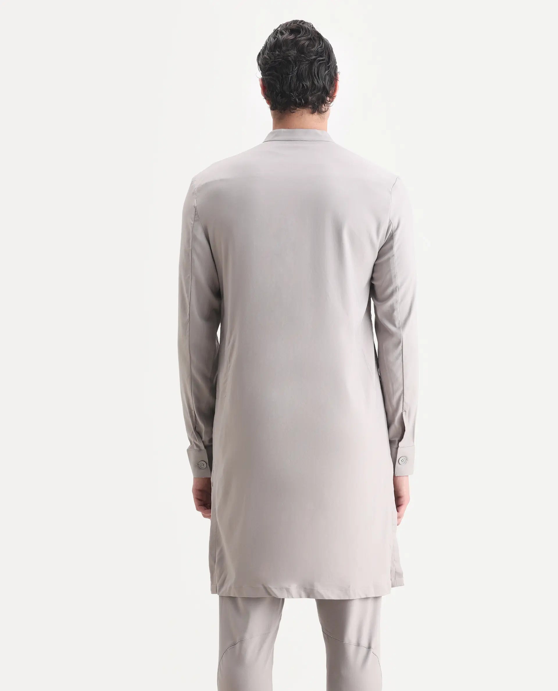 Rare Rabbit Men's Medok Grey Plain Regular Fit Full Sleeve Mandarin Collar Kurta