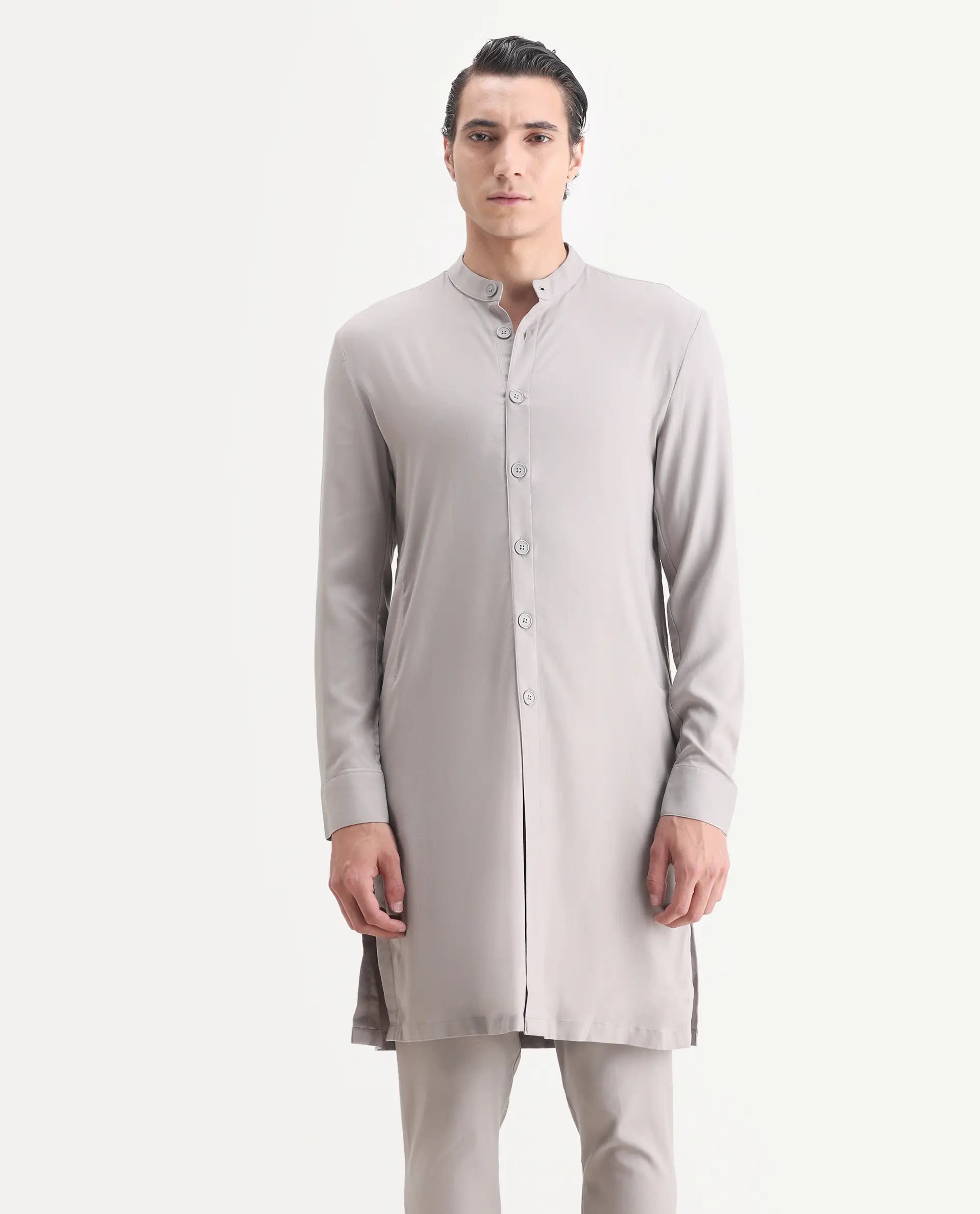 Rare Rabbit Men's Medok Grey Plain Regular Fit Full Sleeve Mandarin Collar Kurta