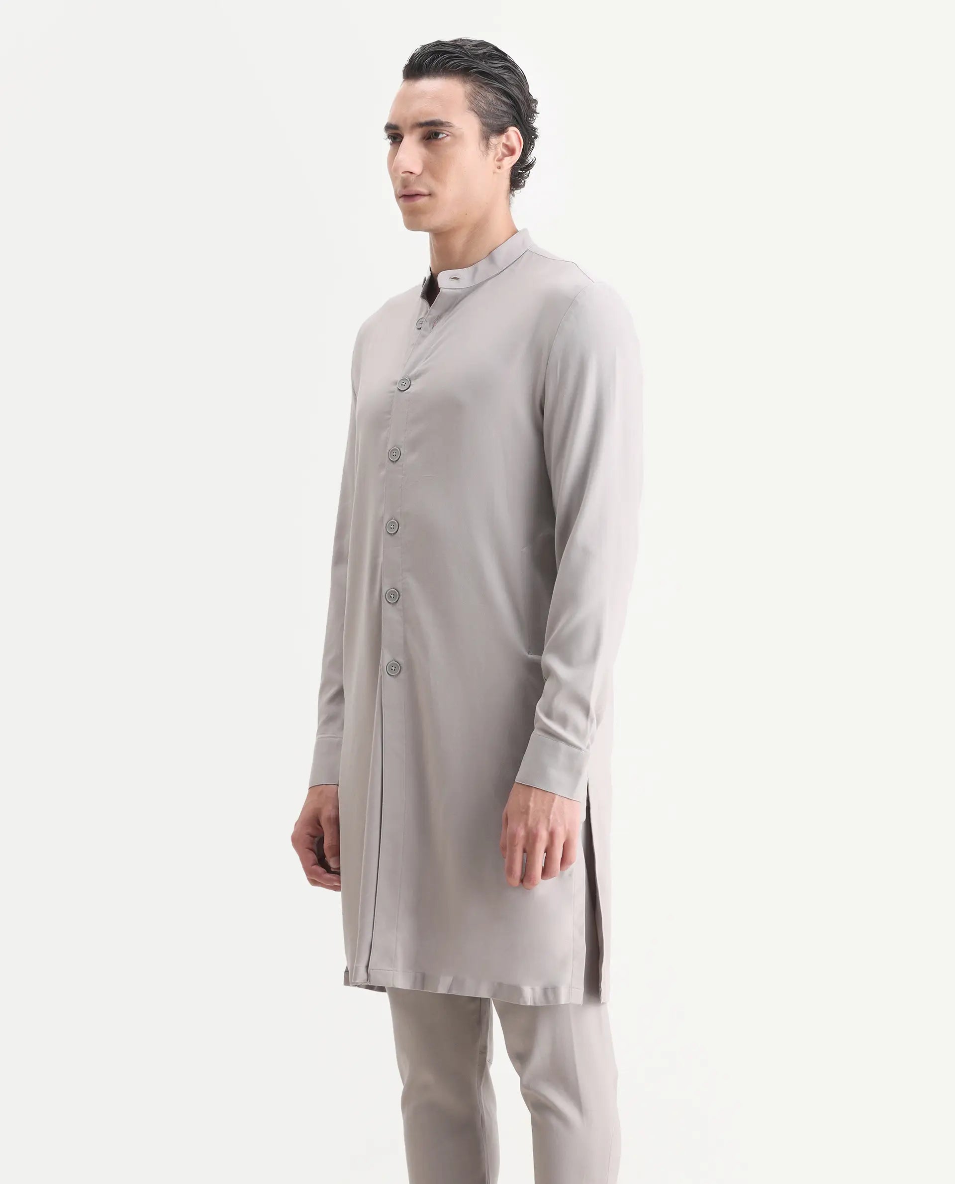 Rare Rabbit Men's Medok Grey Plain Regular Fit Full Sleeve Mandarin Collar Kurta