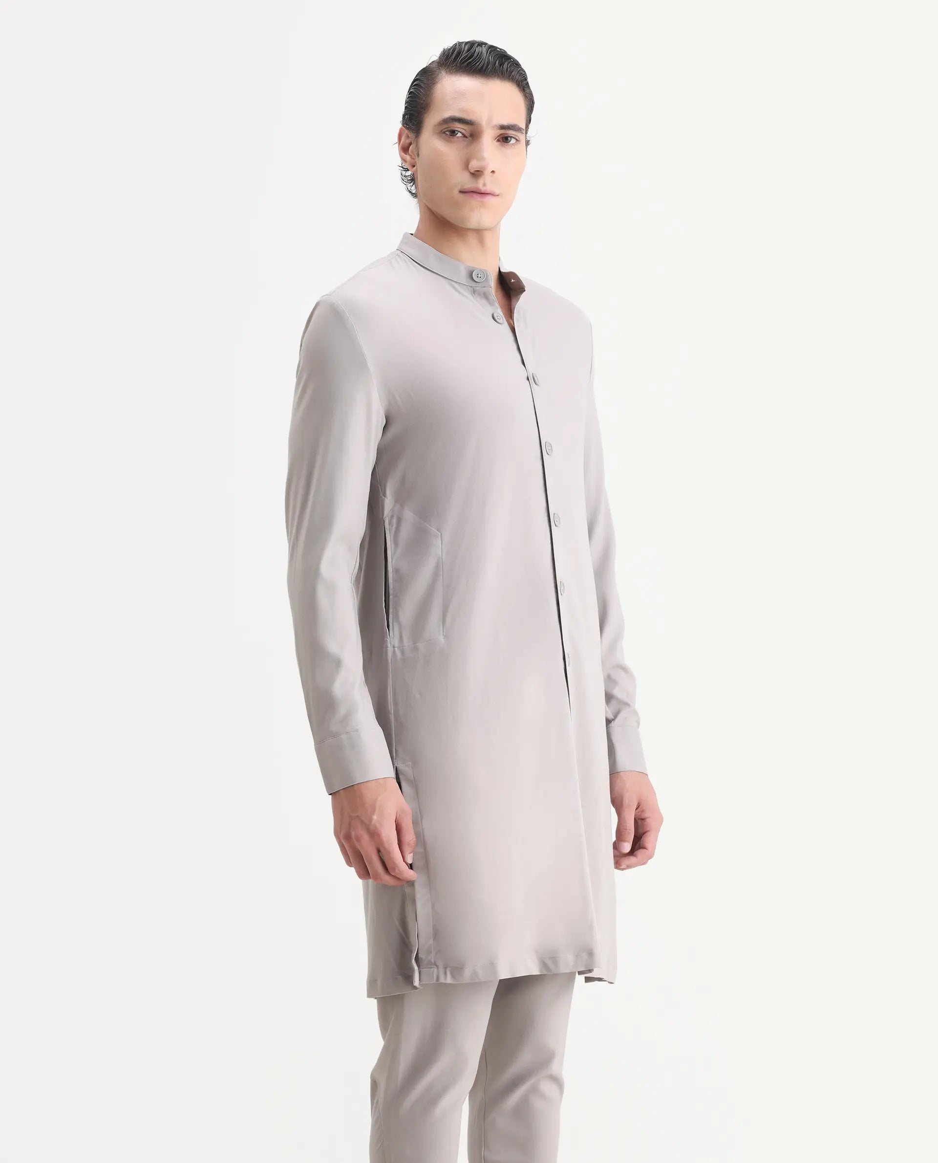 Rare Rabbit Men's Medok Grey Plain Regular Fit Full Sleeve Mandarin Collar Kurta