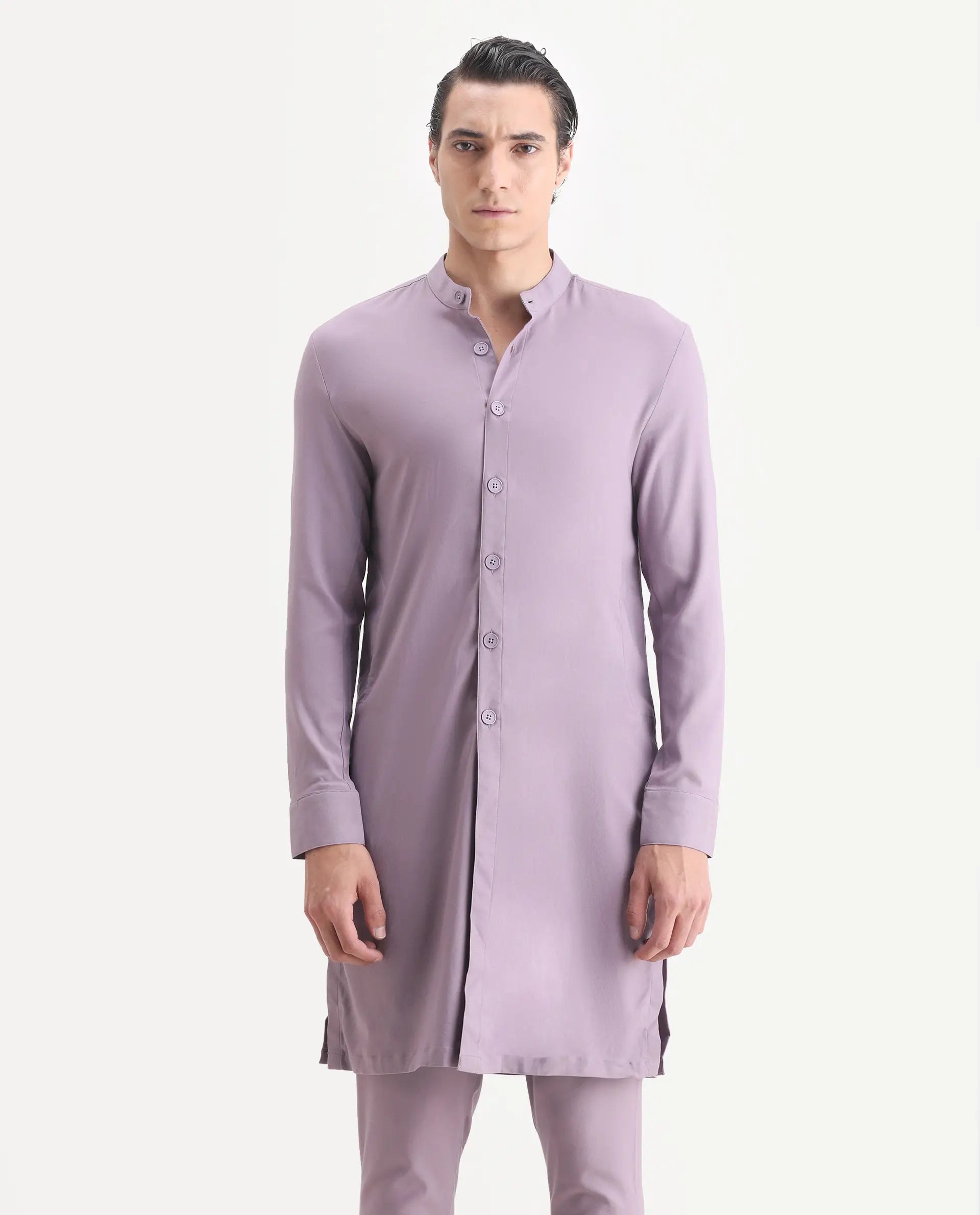 Rare Rabbit Men's Medo K Pastel Purple Plain Regular Fit Full Sleeve Mandarin Collar Kurta