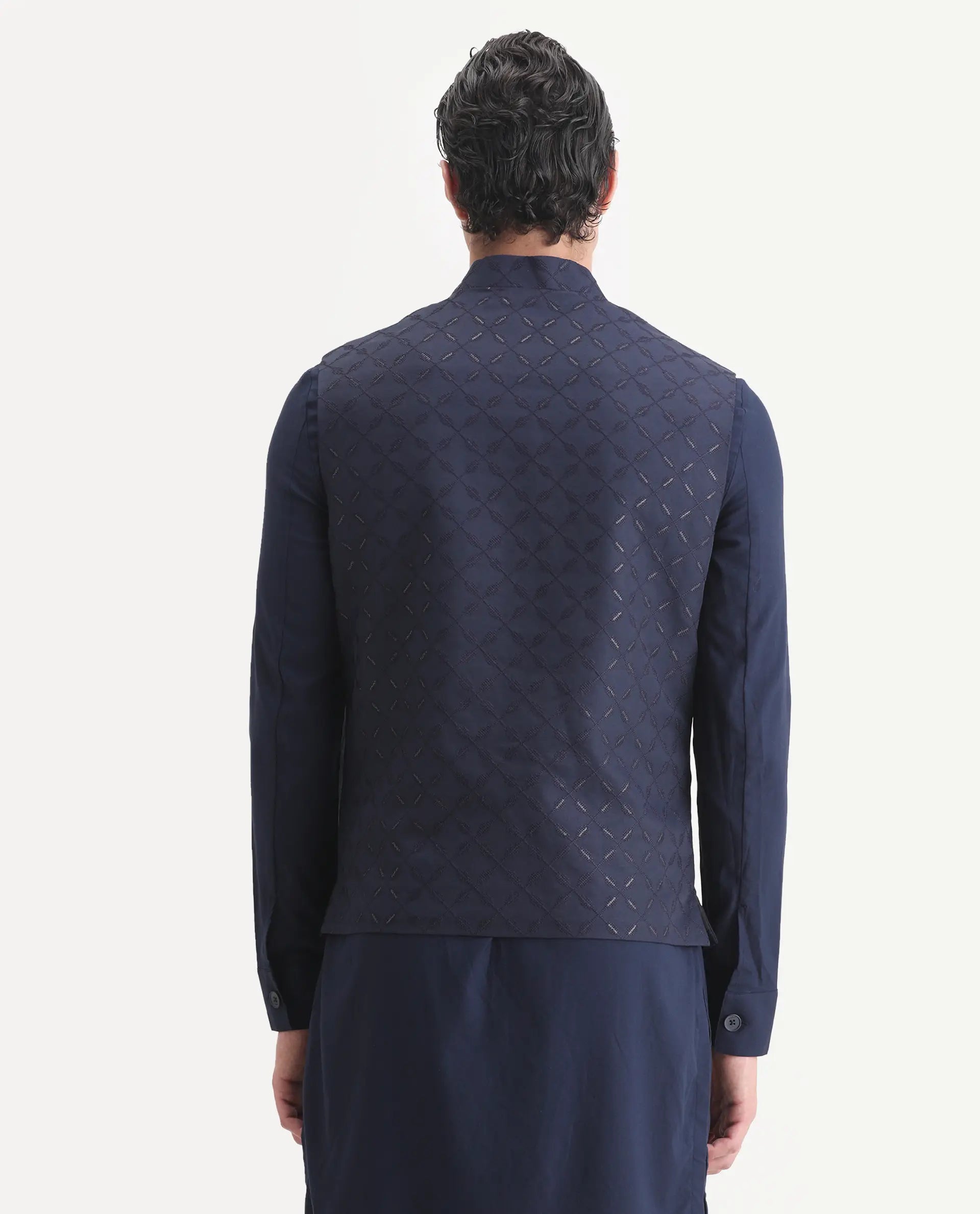 Rare Rabbit Men's Medo-Kpb Dark Navy Viscose Embroidered Regular Fit Full Sleeve Mandarin Collar Kurta Suit