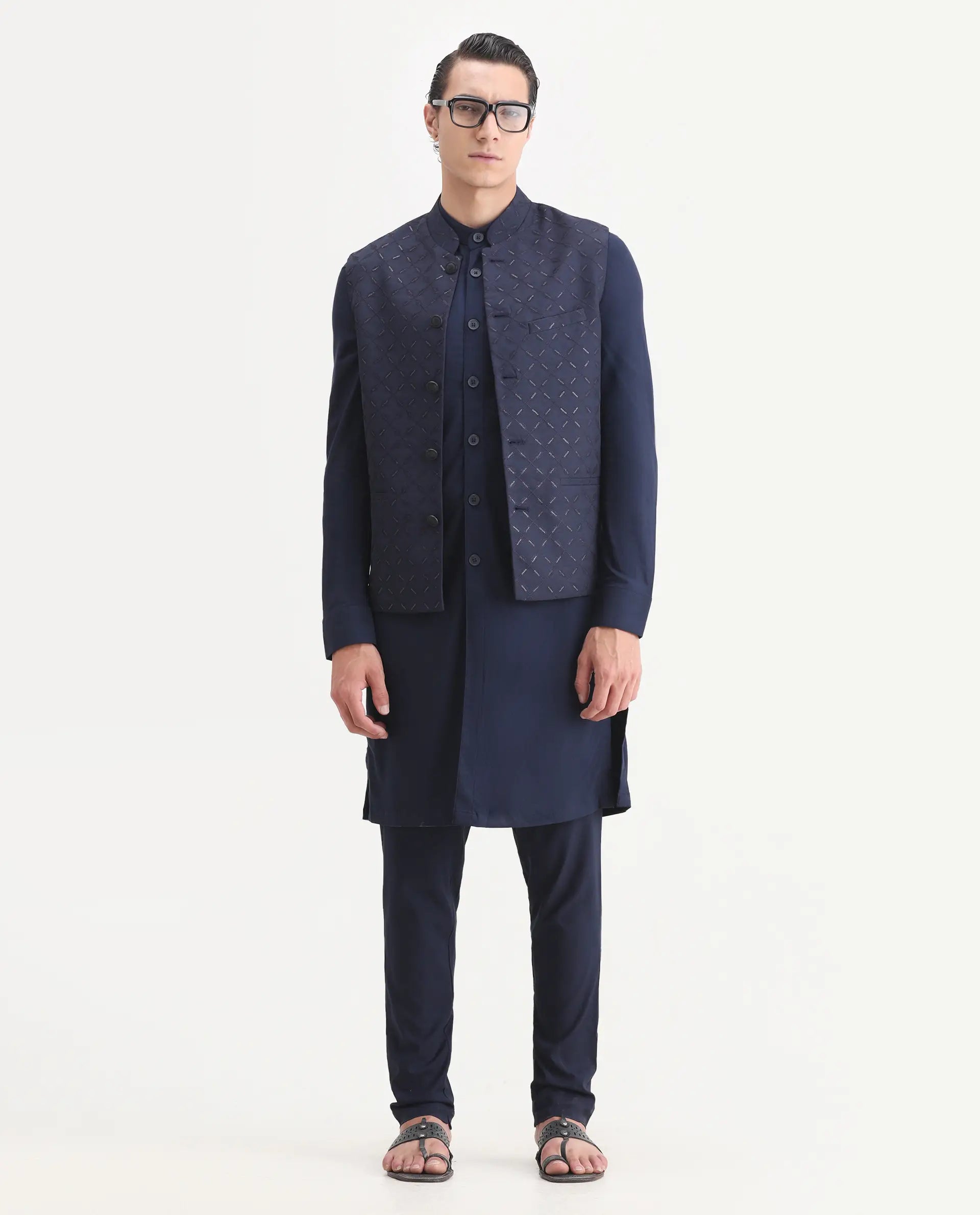 Rare Rabbit Men's Medo-Kpb Dark Navy Viscose Embroidered Regular Fit Full Sleeve Mandarin Collar Kurta Suit