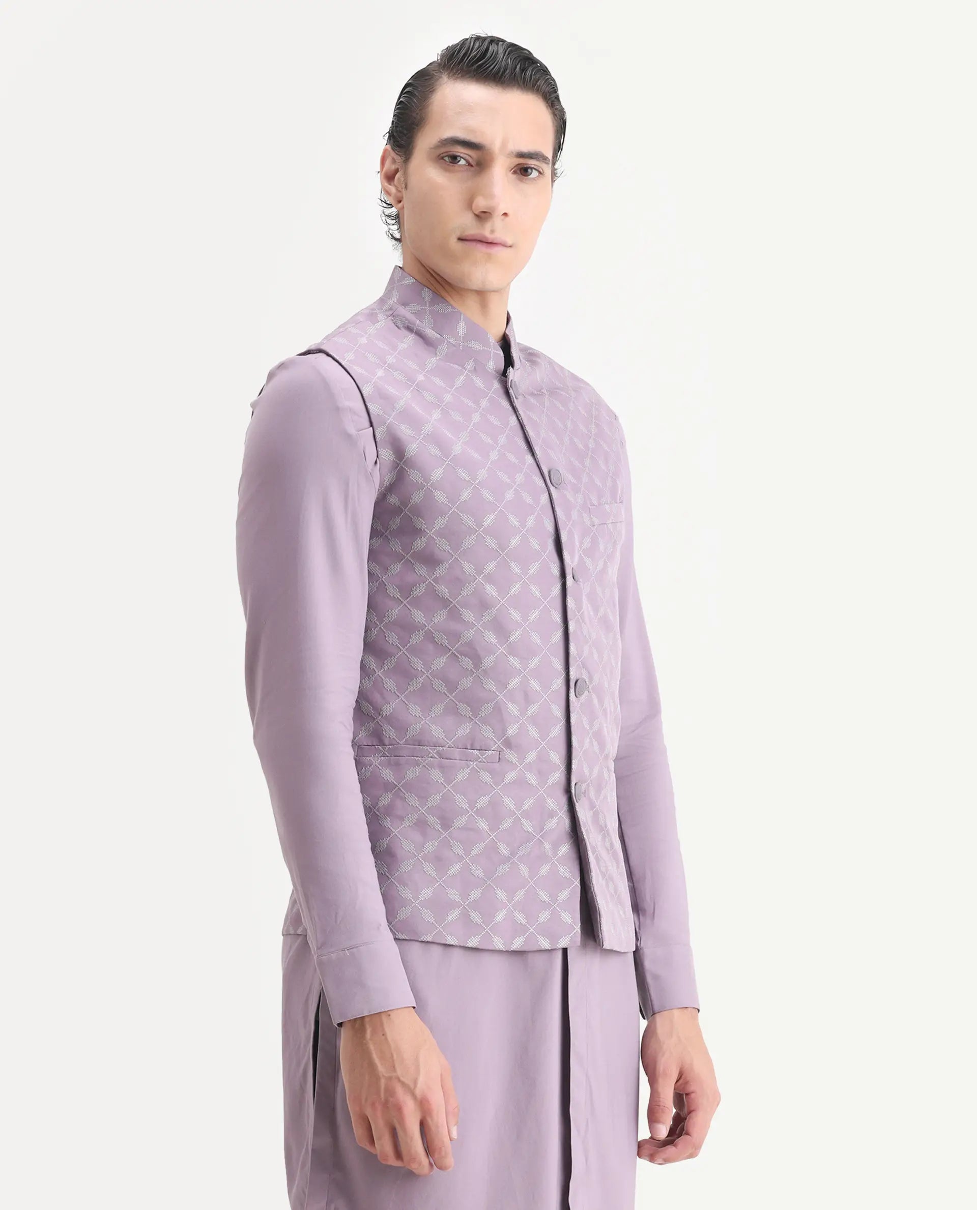 Rare Rabbit Men's Medo Kpb Pastel Purple Viscose Embroidered Regular Fit Full Sleeve Mandarin Collar Kurta Suit