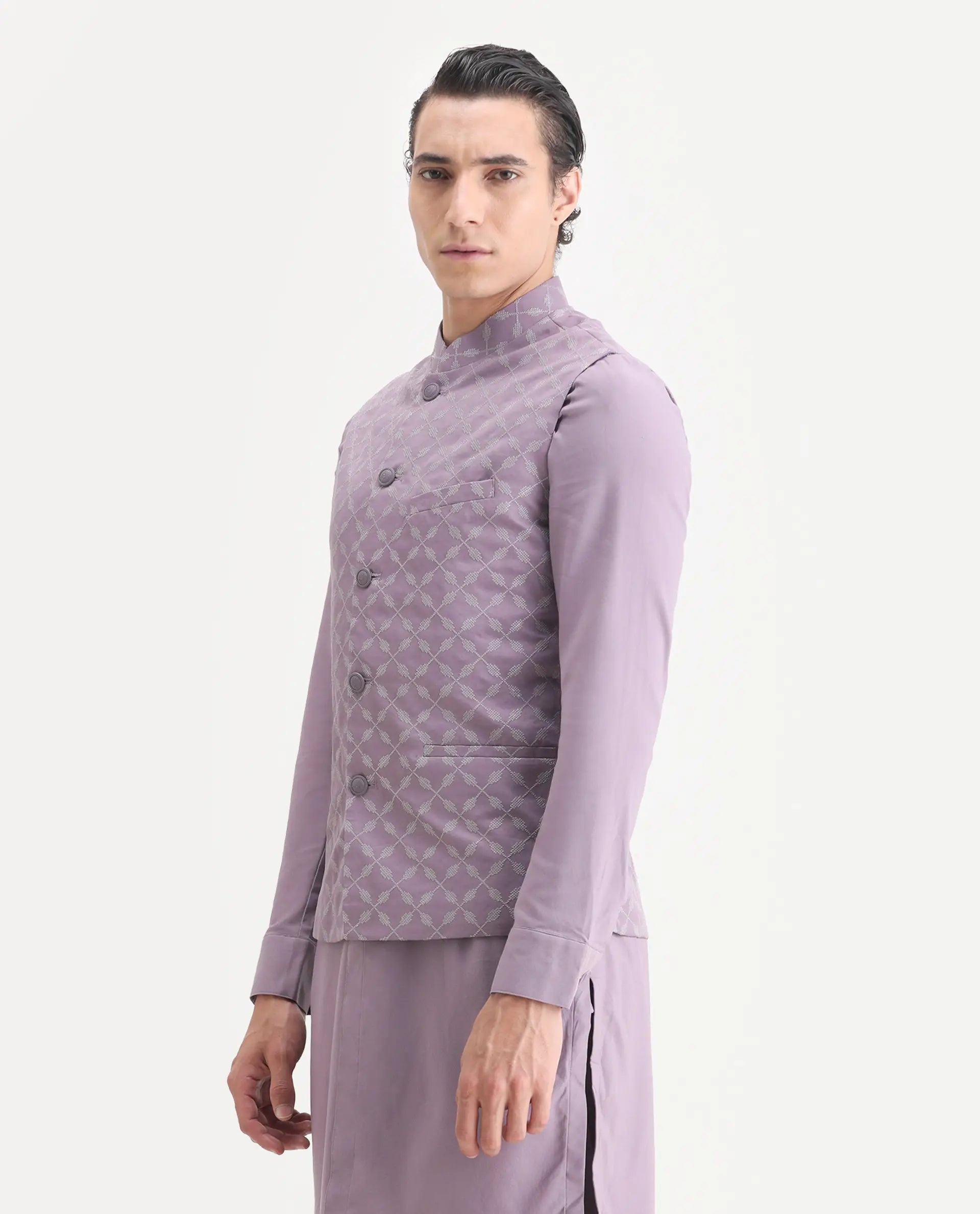 Rare Rabbit Men's Medo Kpb Pastel Purple Viscose Embroidered Regular Fit Full Sleeve Mandarin Collar Kurta Suit