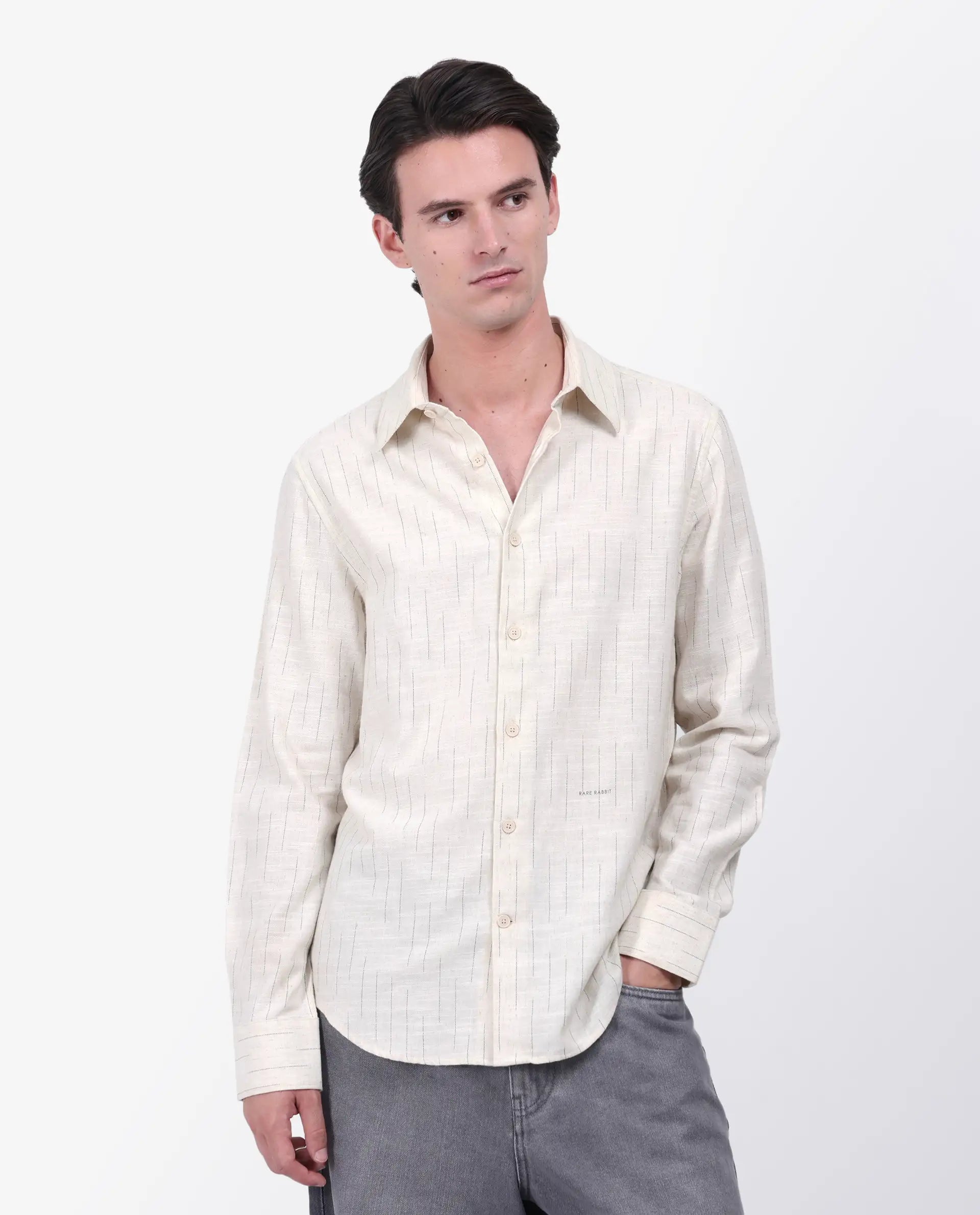 Rare Rabbit Men's Meem Beige Cotton Striped Print Regular Fit Full Sleeve Collared Shirt