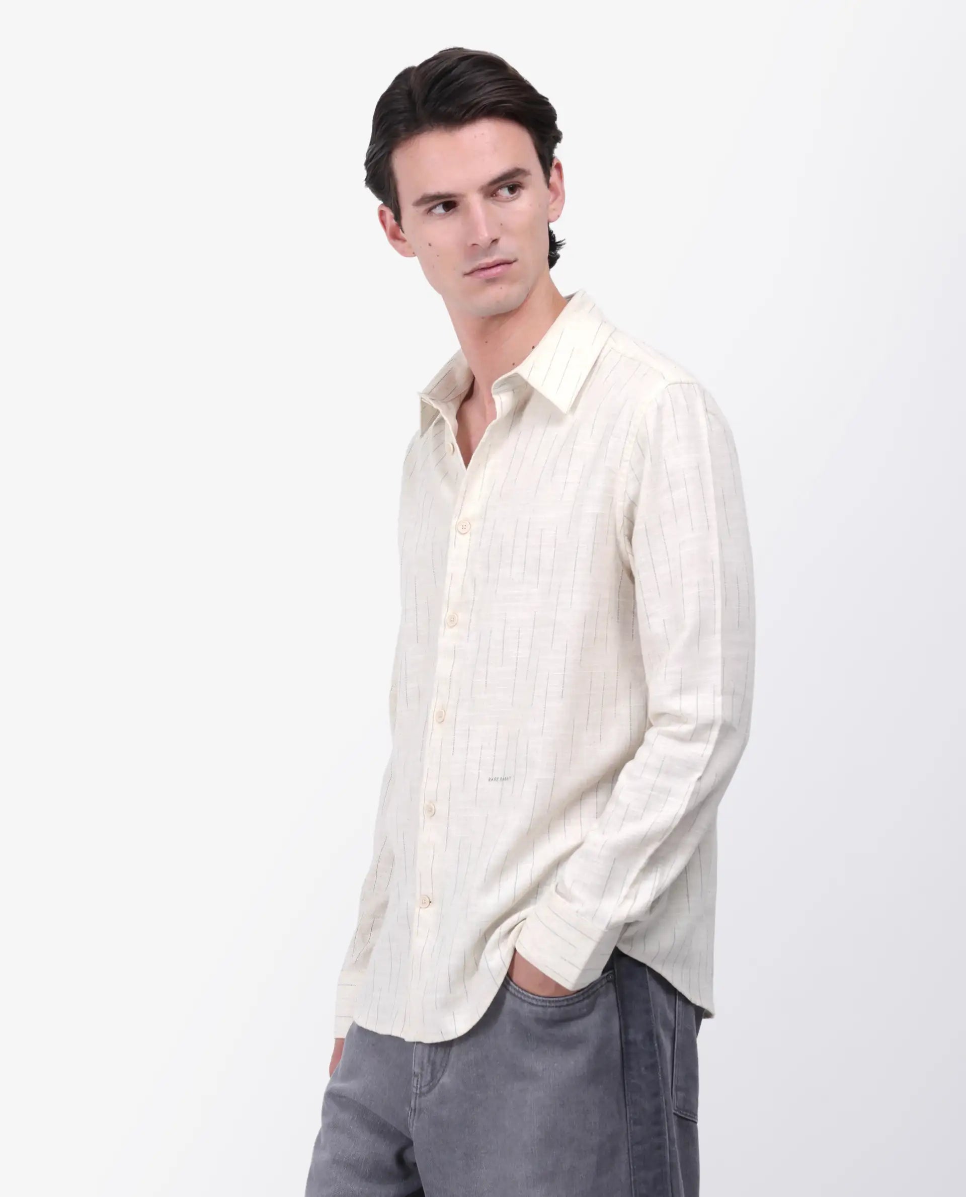 Rare Rabbit Men's Meem Beige Cotton Striped Print Regular Fit Full Sleeve Collared Shirt