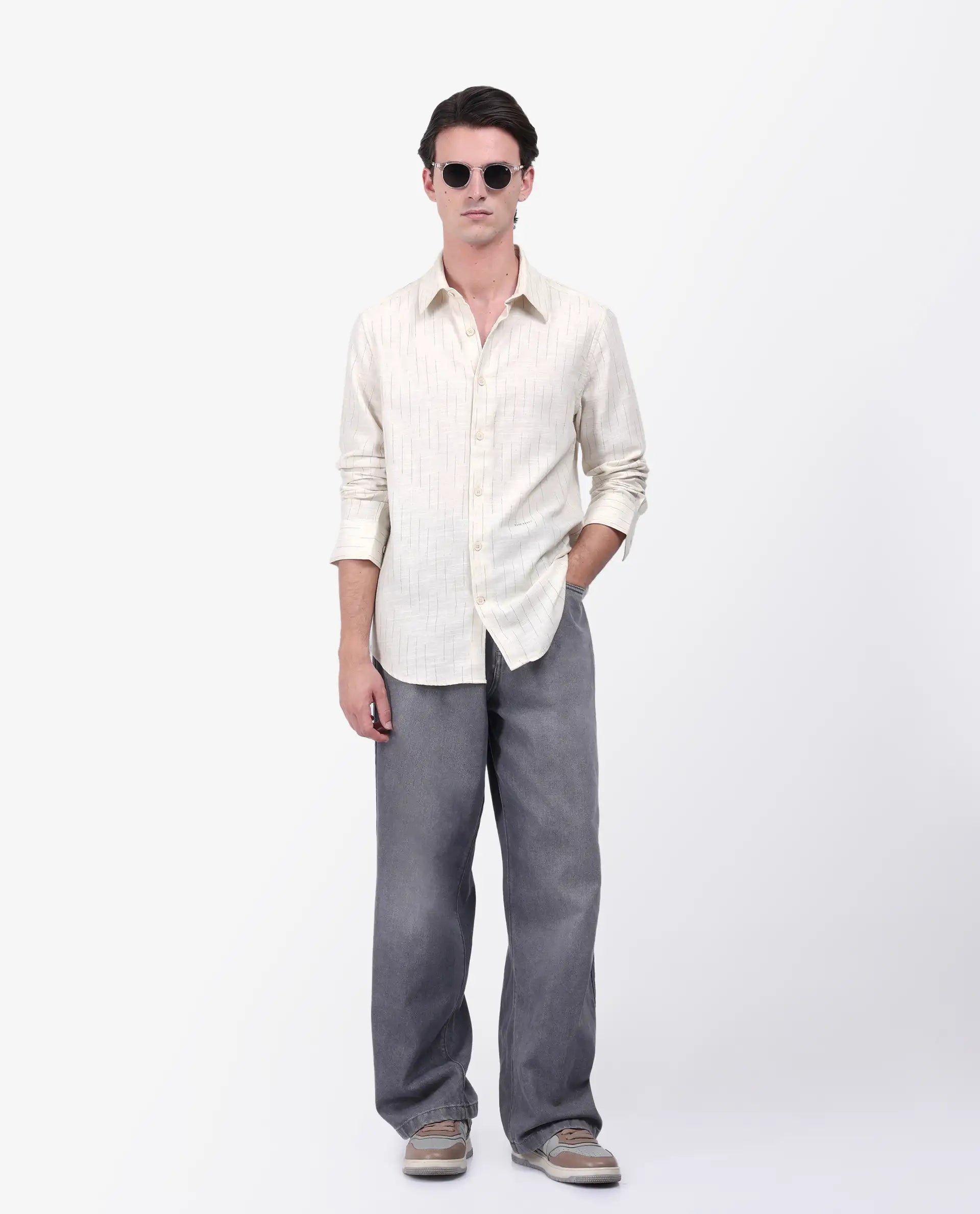 Rare Rabbit Men's Meem Beige Cotton Striped Print Regular Fit Full Sleeve Collared Shirt