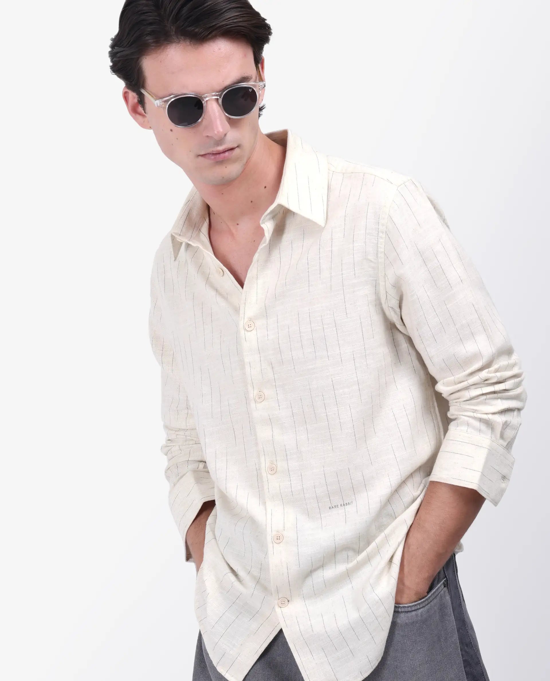 Rare Rabbit Men's Meem Beige Cotton Striped Print Regular Fit Full Sleeve Collared Shirt
