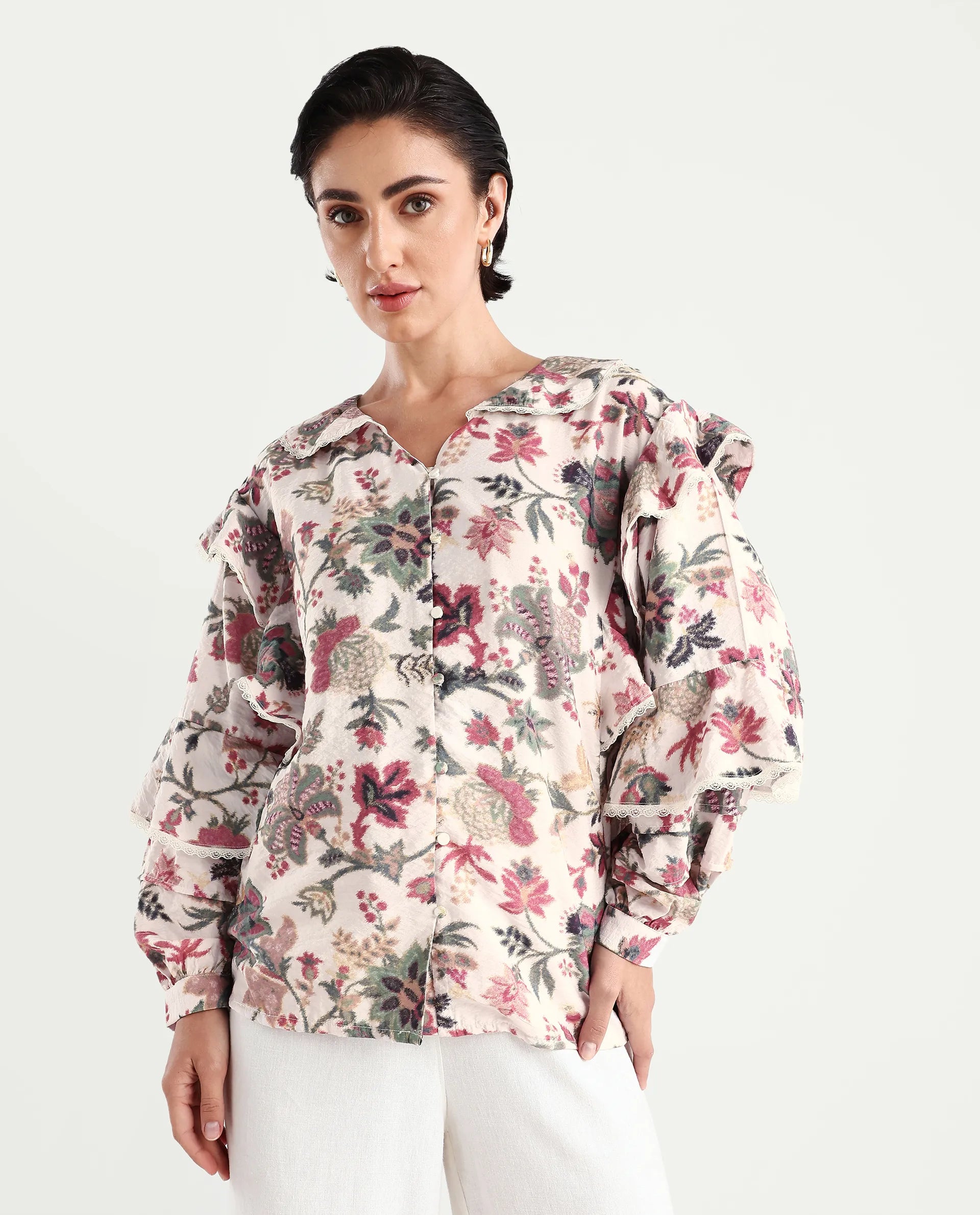 Rareism Women's Mei-T Multi Nylon Blend Peter Pan Collar Floral Print Bishop Sleeve Regular Fit Shirt