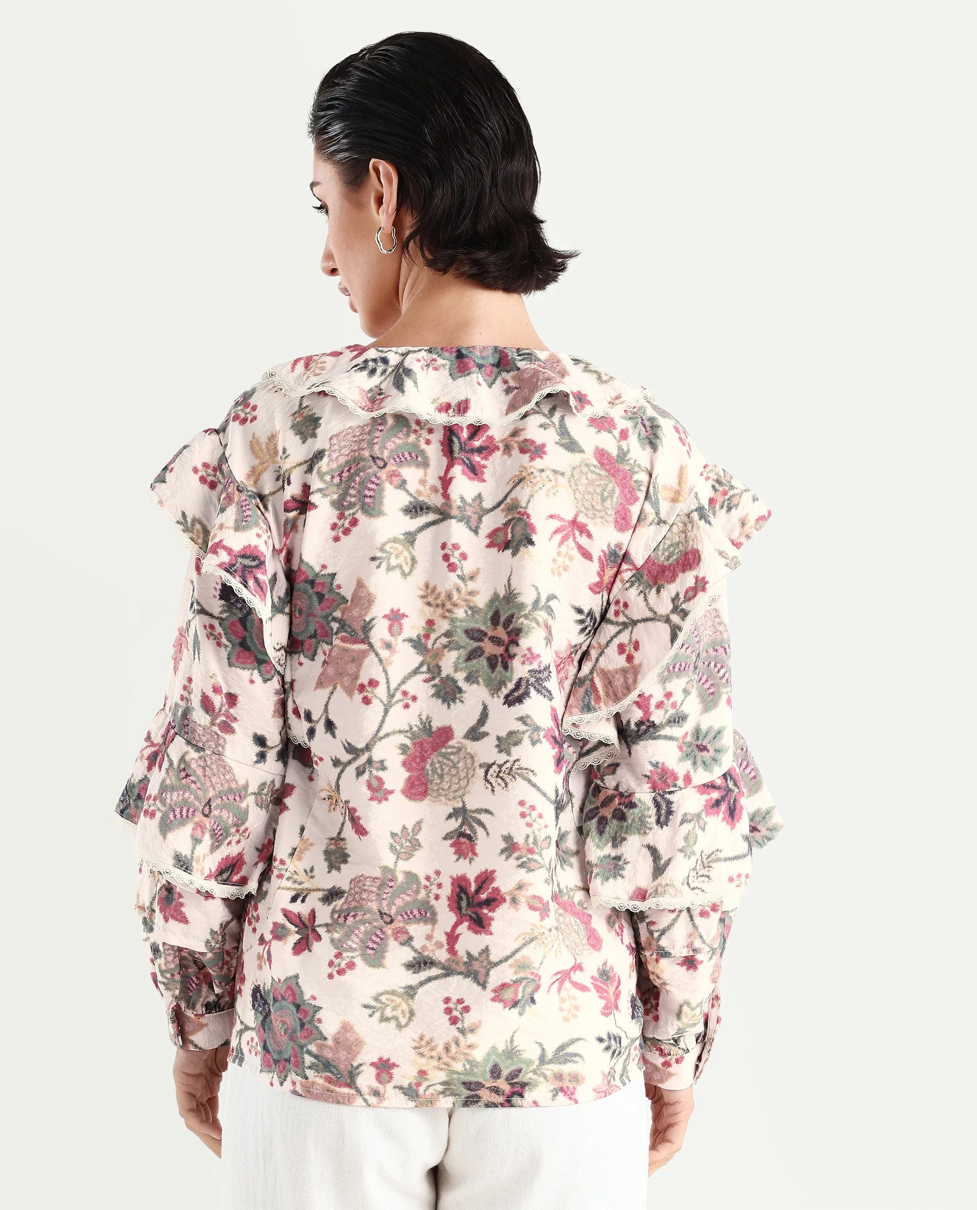 Rareism Women's Mei-T Multi Nylon Blend Peter Pan Collar Floral Print Bishop Sleeve Regular Fit Shirt