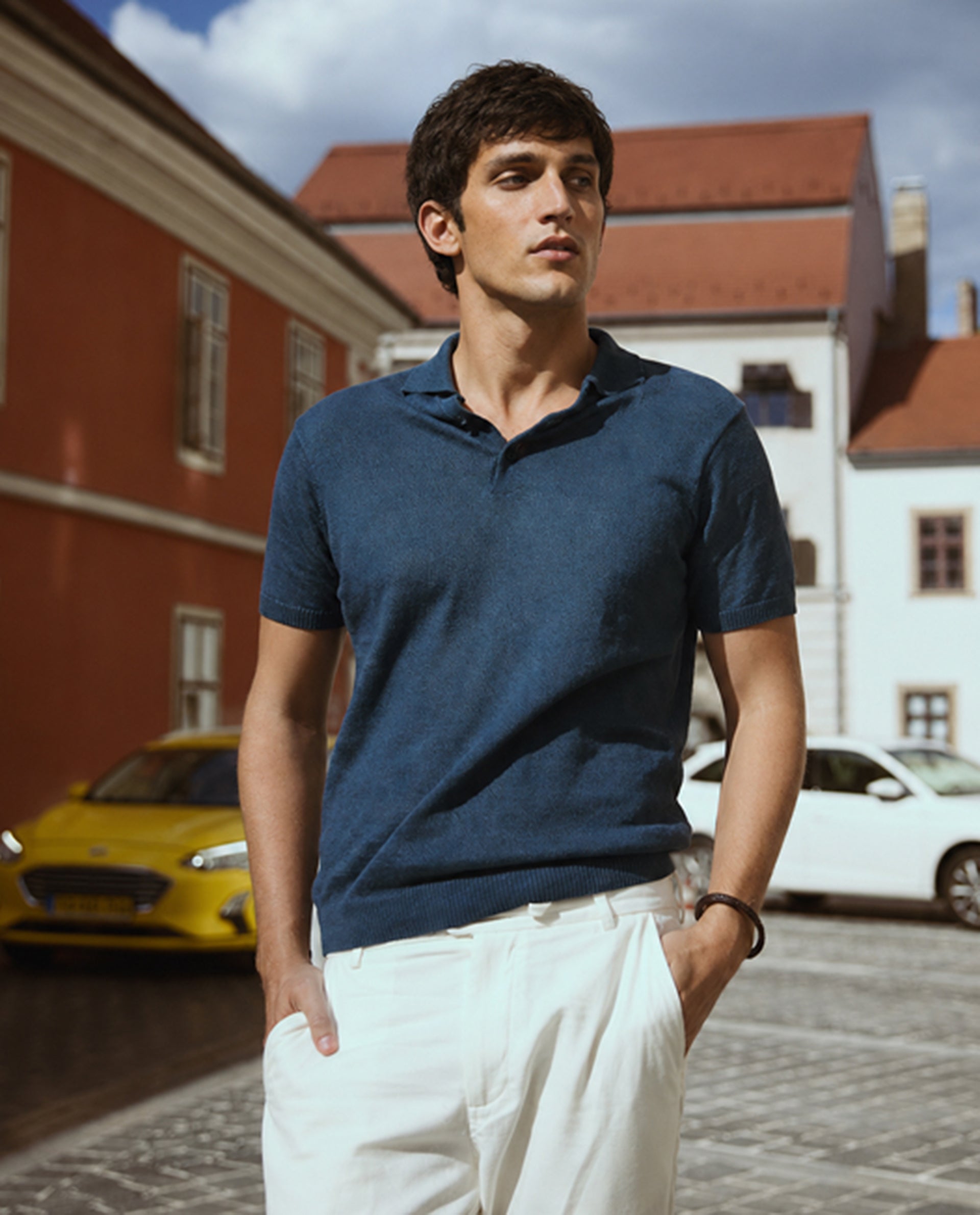 Rare Rabbit Men's Mekko-S26 Dark Teal Linen Blend Fabric Half Sleeve Spread Collar Regular Plain Polo