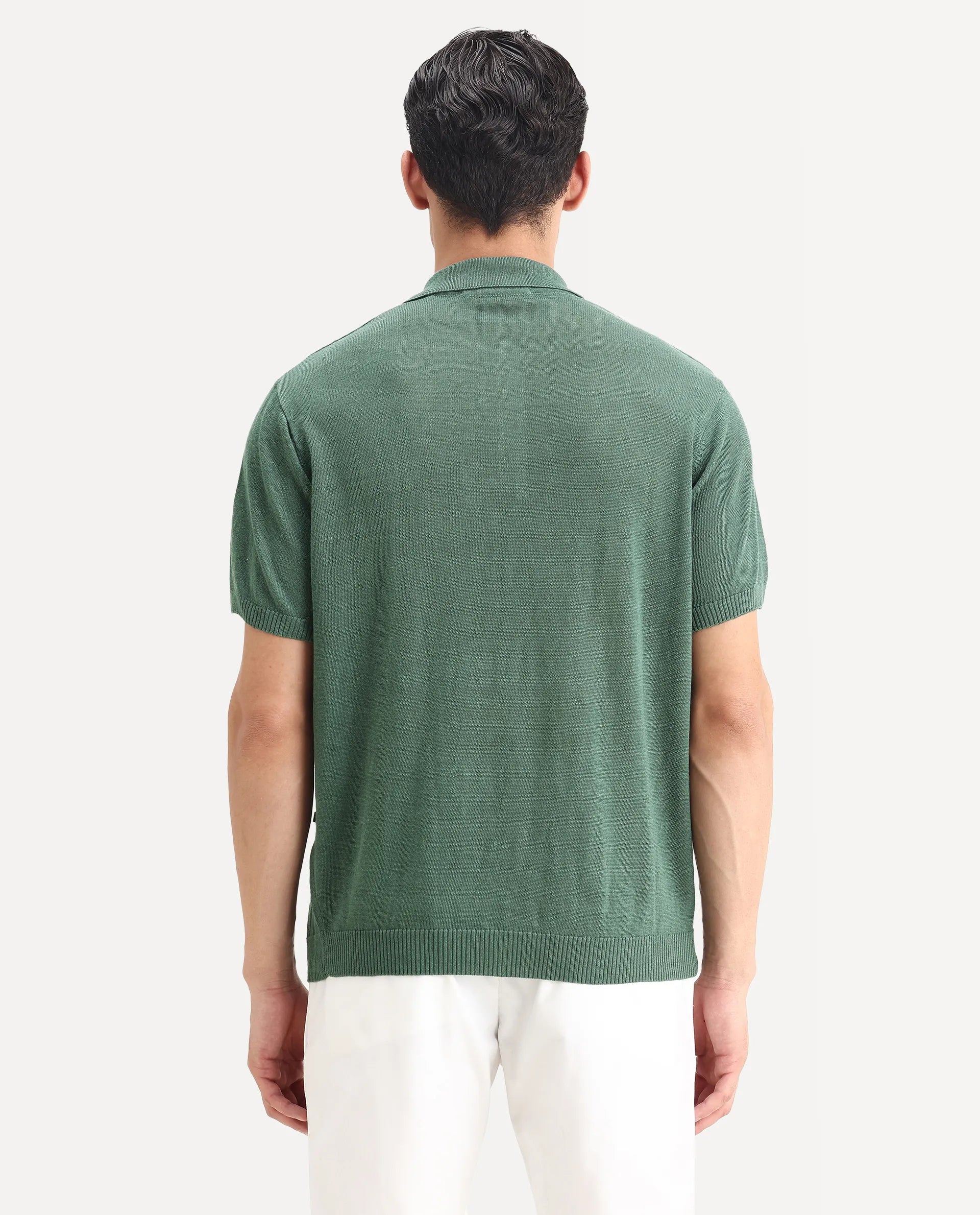 Rare Rabbit Men's Mekko Dusky Green 100% Linen Plain Regular Fit Half Sleeve Polo