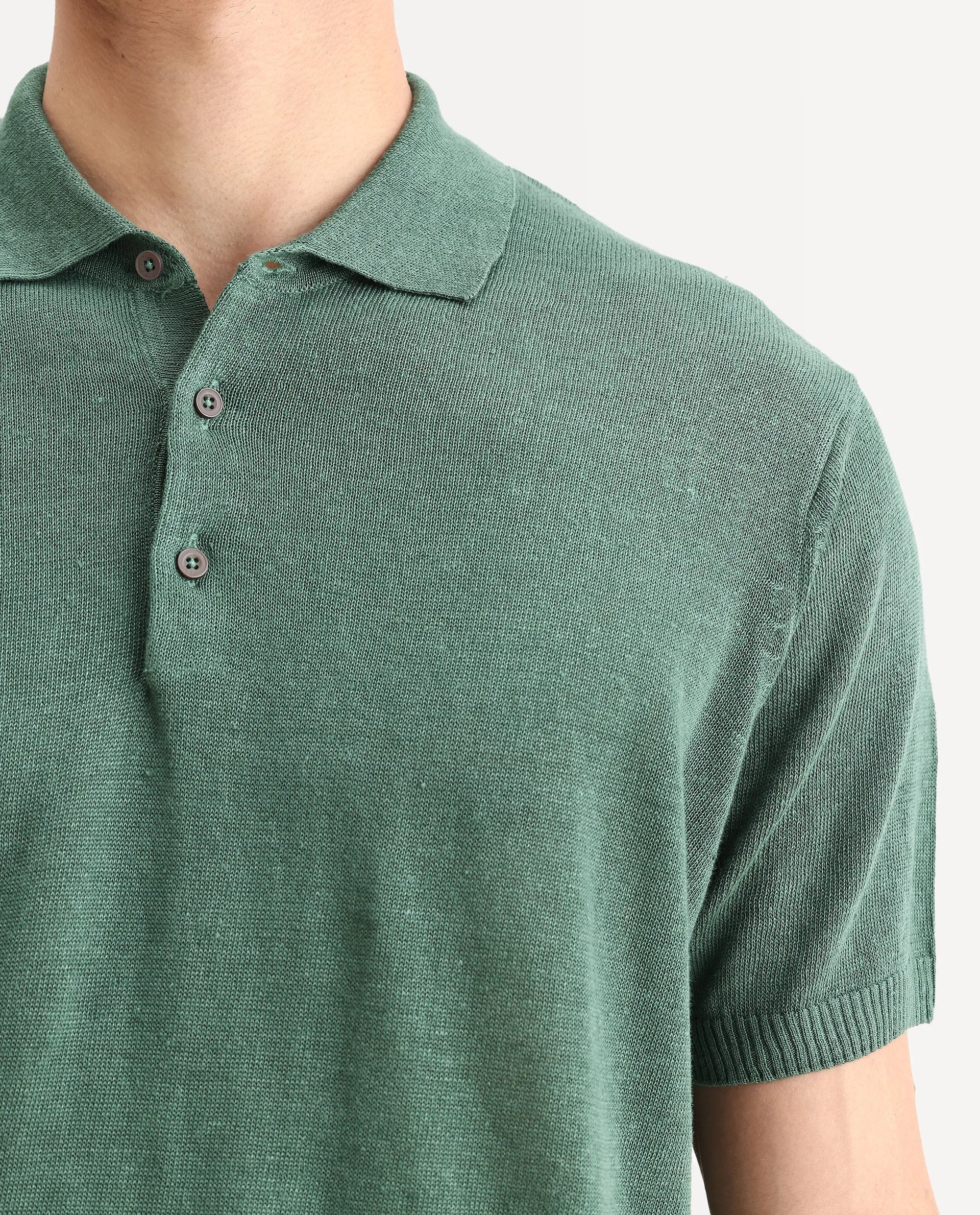 Rare Rabbit Men's Mekko Dusky Green 100% Linen Plain Regular Fit Half Sleeve Polo