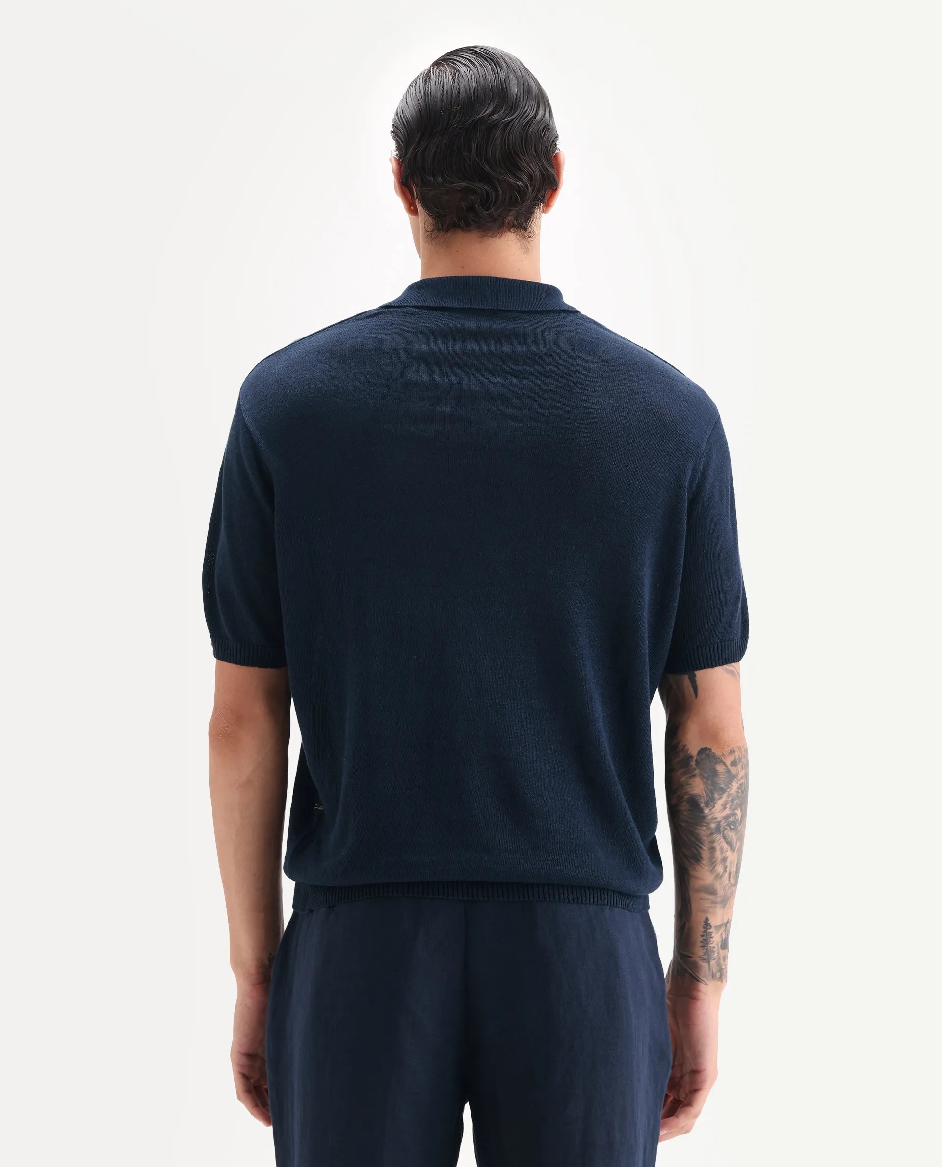 Rare Rabbit Men's Mekko Navy 100% Linen Plain Regular Fit Half Sleeve Polo