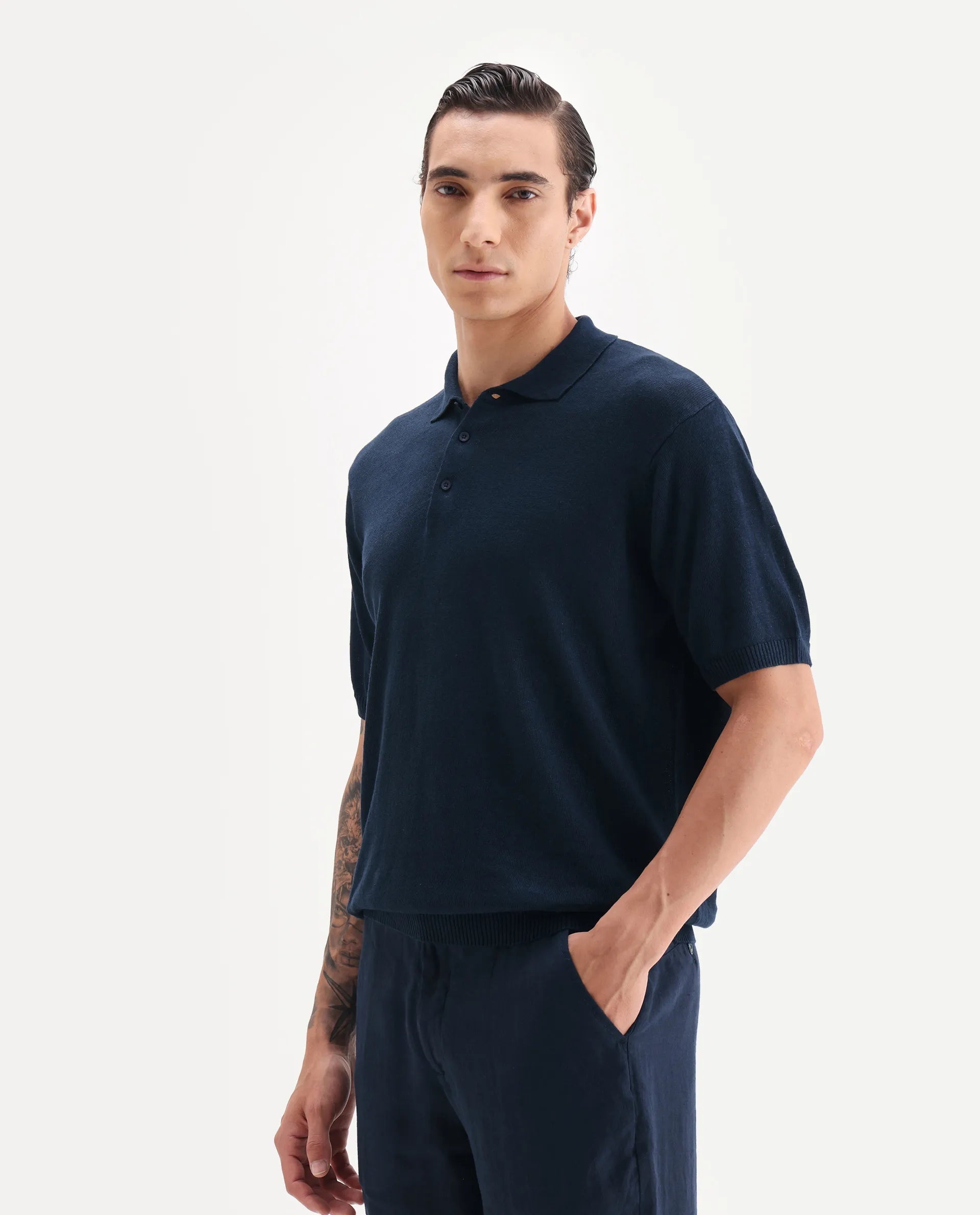 Rare Rabbit Men's Mekko Navy 100% Linen Plain Regular Fit Half Sleeve Polo
