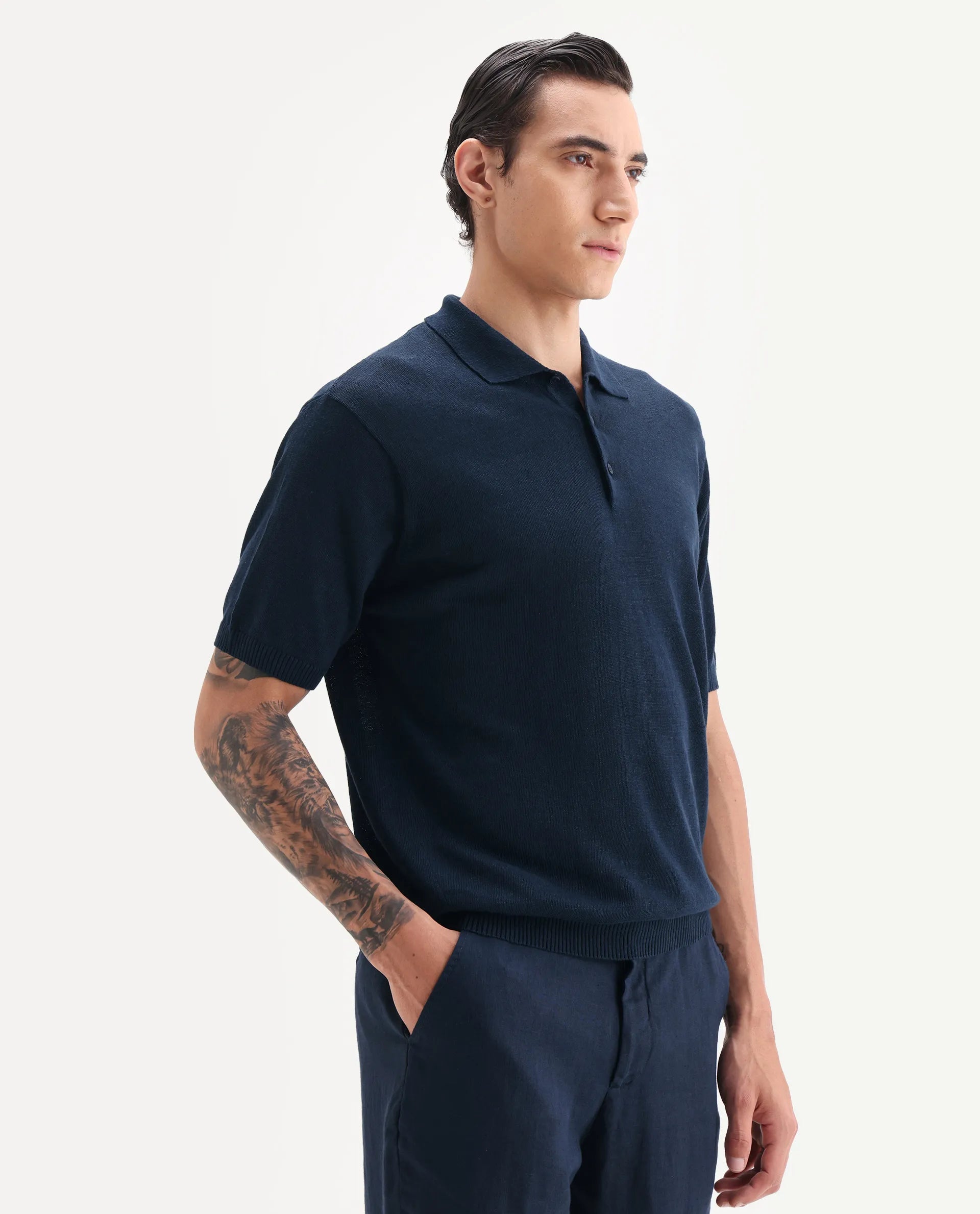 Rare Rabbit Men's Mekko Navy 100% Linen Plain Regular Fit Half Sleeve Polo