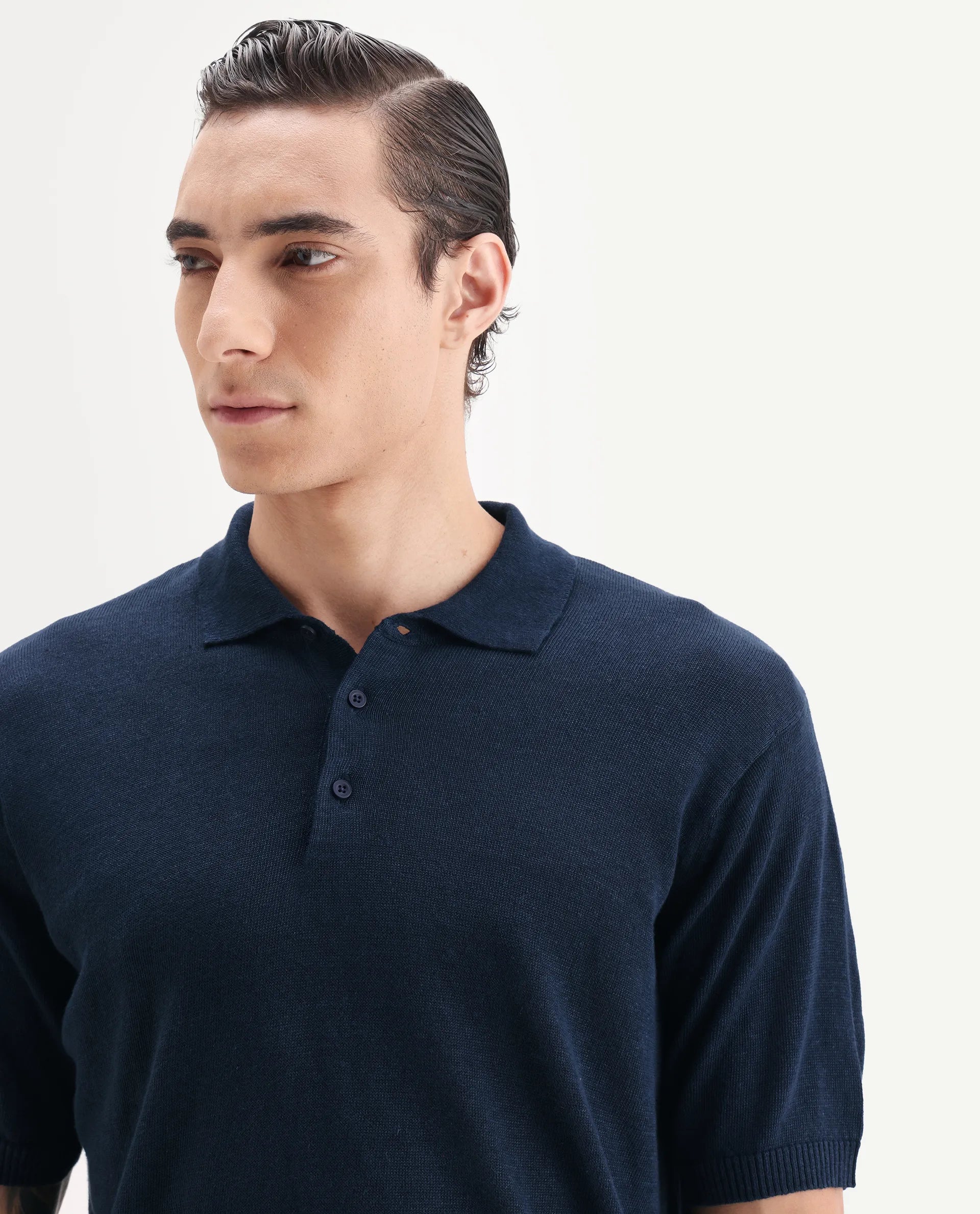 Rare Rabbit Men's Mekko Navy 100% Linen Plain Regular Fit Half Sleeve Polo