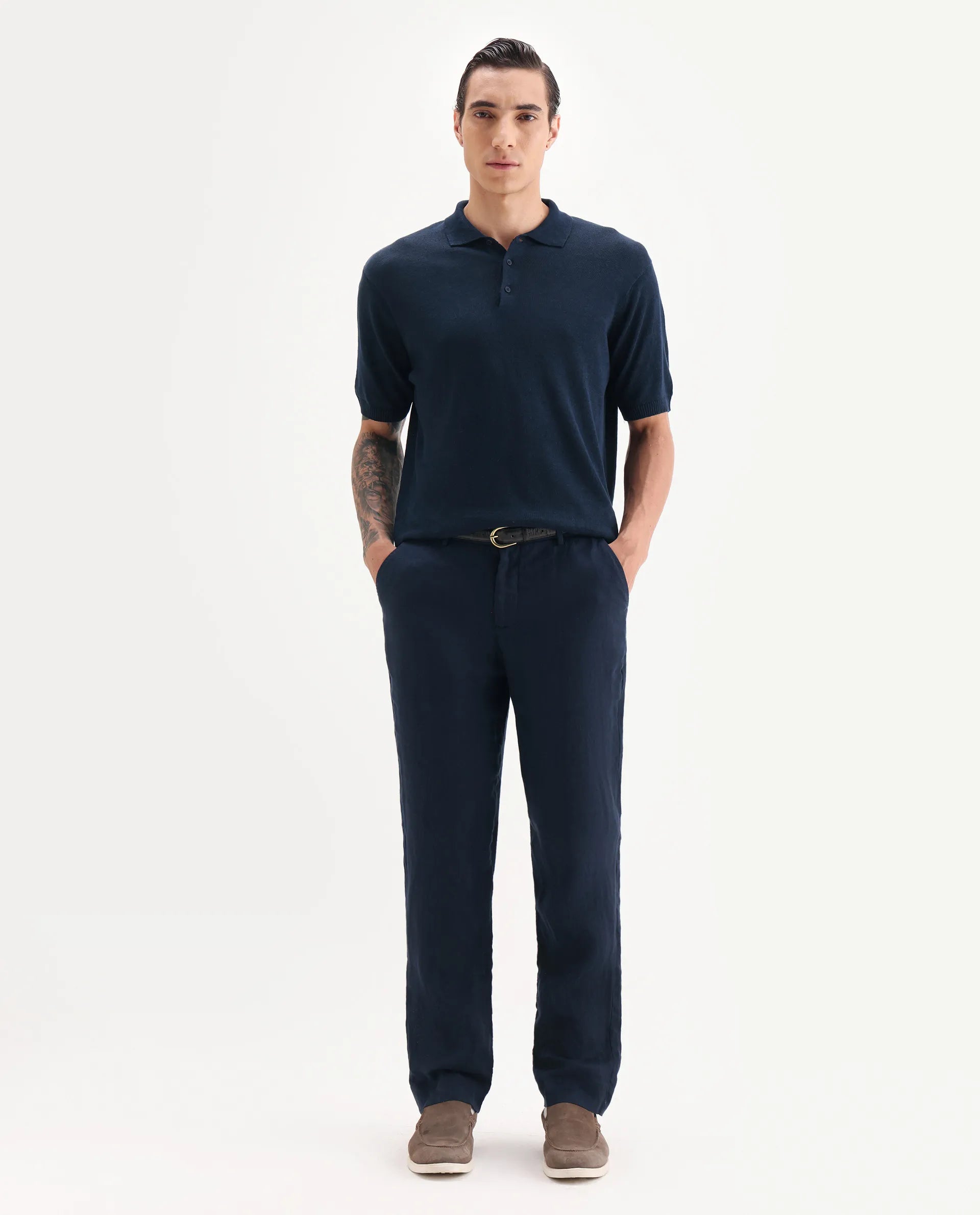 Rare Rabbit Men's Mekko Navy 100% Linen Plain Regular Fit Half Sleeve Polo