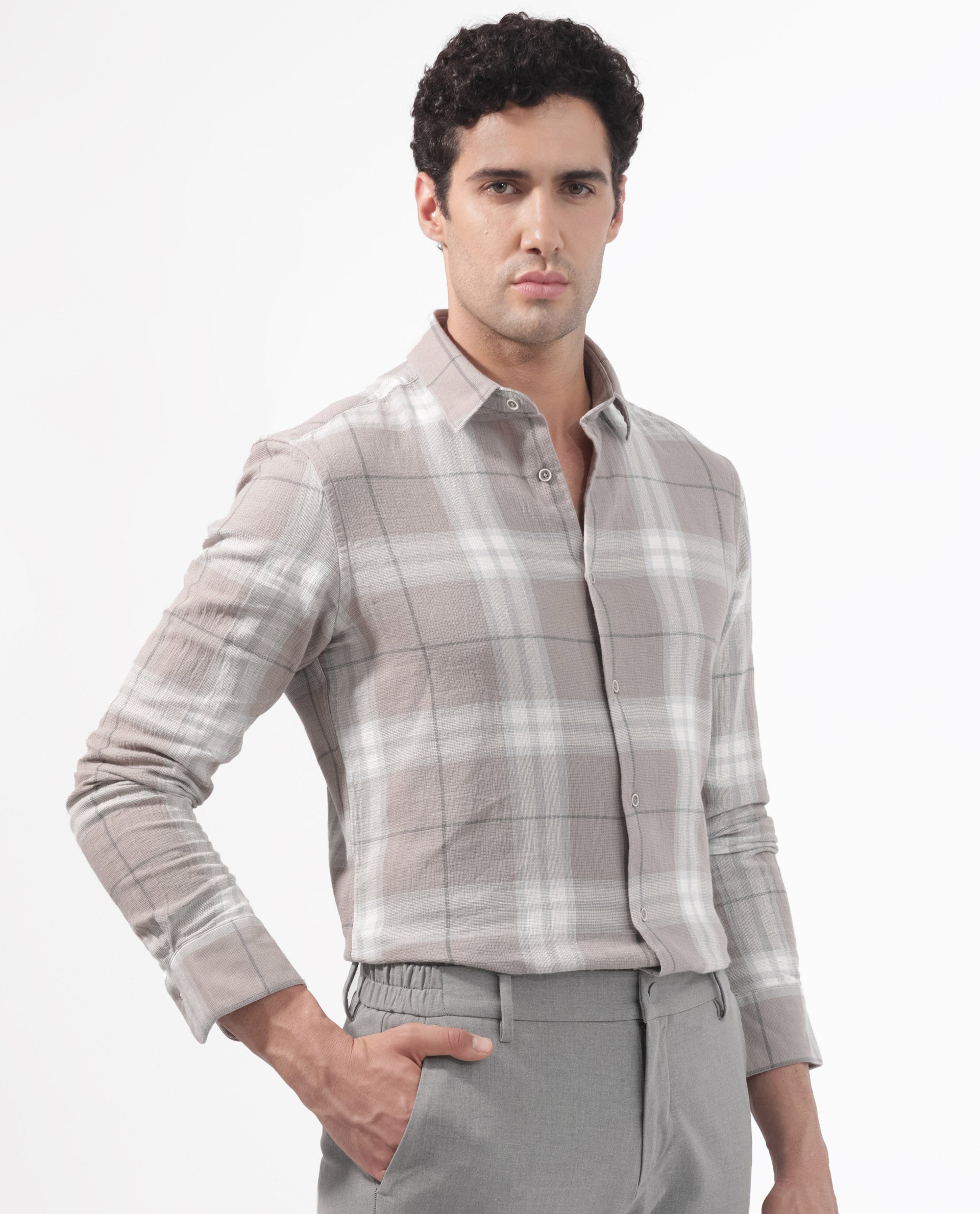 Rare Rabbit Men's Melfi Light Brown Cotton Fabric Full Sleeves Checks Shirt