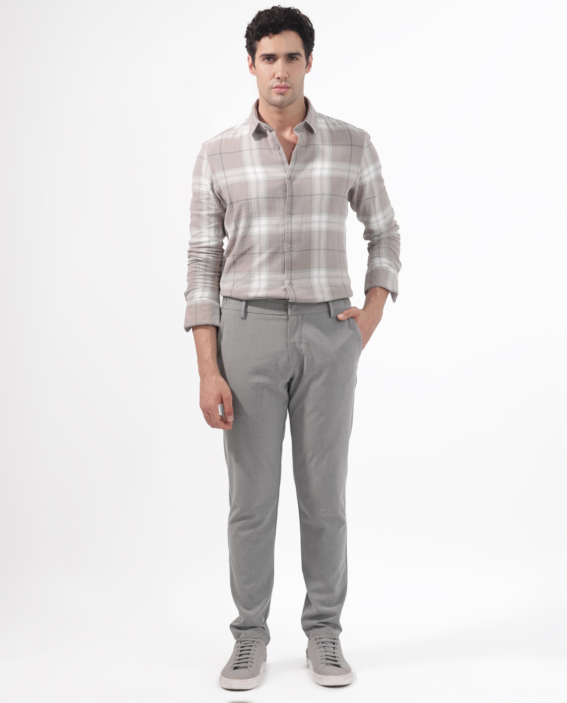 Rare Rabbit Men's Melfi Light Brown Cotton Fabric Full Sleeves Checks Shirt