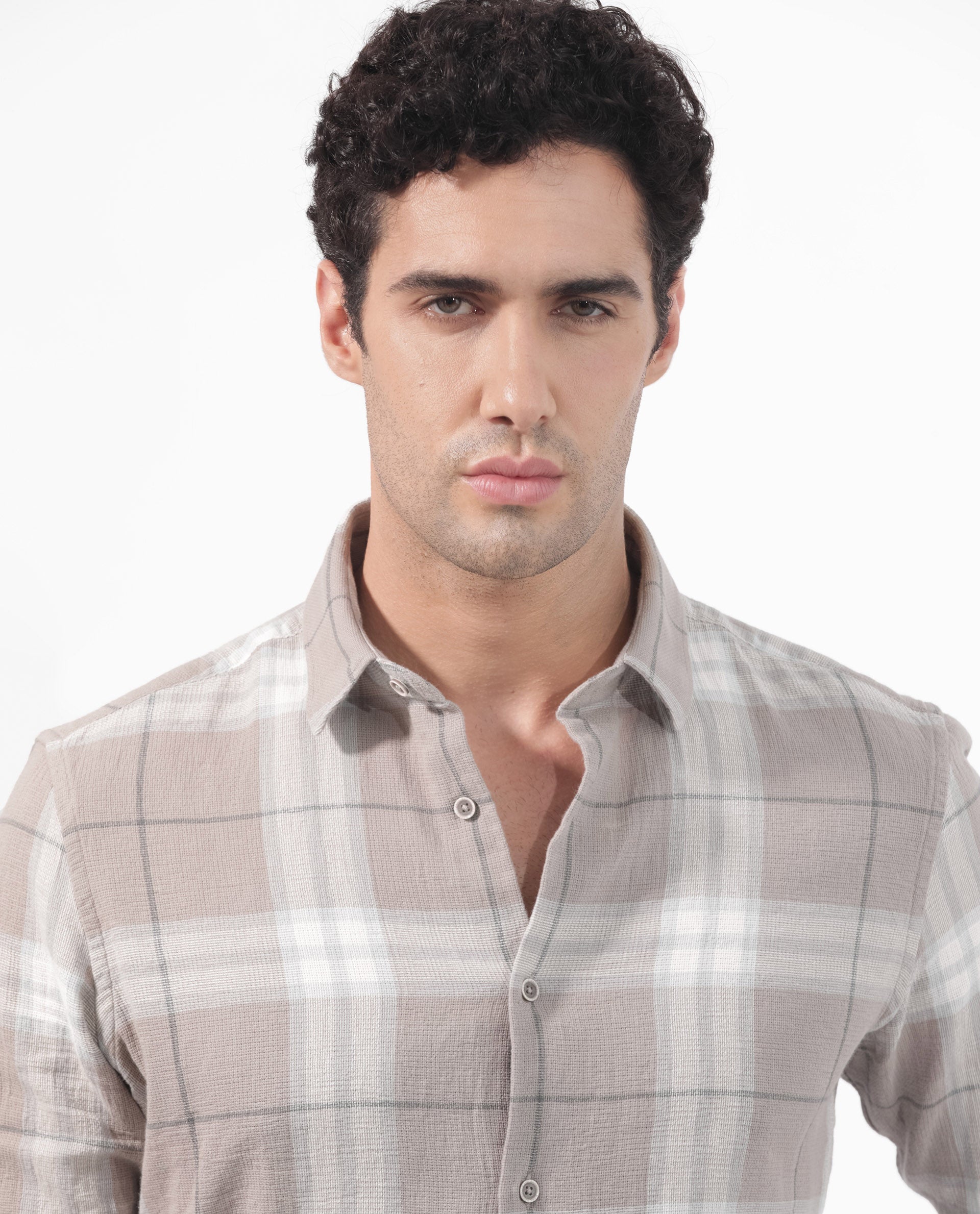 Rare Rabbit Men's Melfi Light Brown Cotton Fabric Full Sleeves Checks Shirt